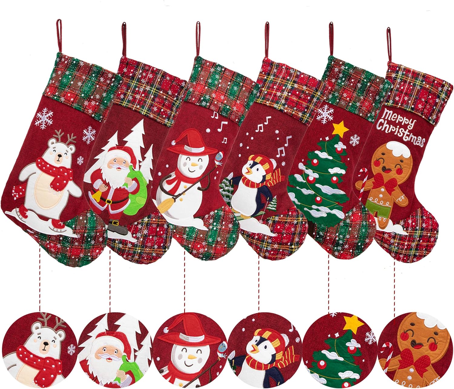 LUBOT Set of 8 Christmas Stocking(20inch) Silhouette Buffalo Red Plaid/Rustic/Farmhouse/Country Cotton Fireplace Hanging Xmas Stockings Decorations for Family Holiday Season Decor