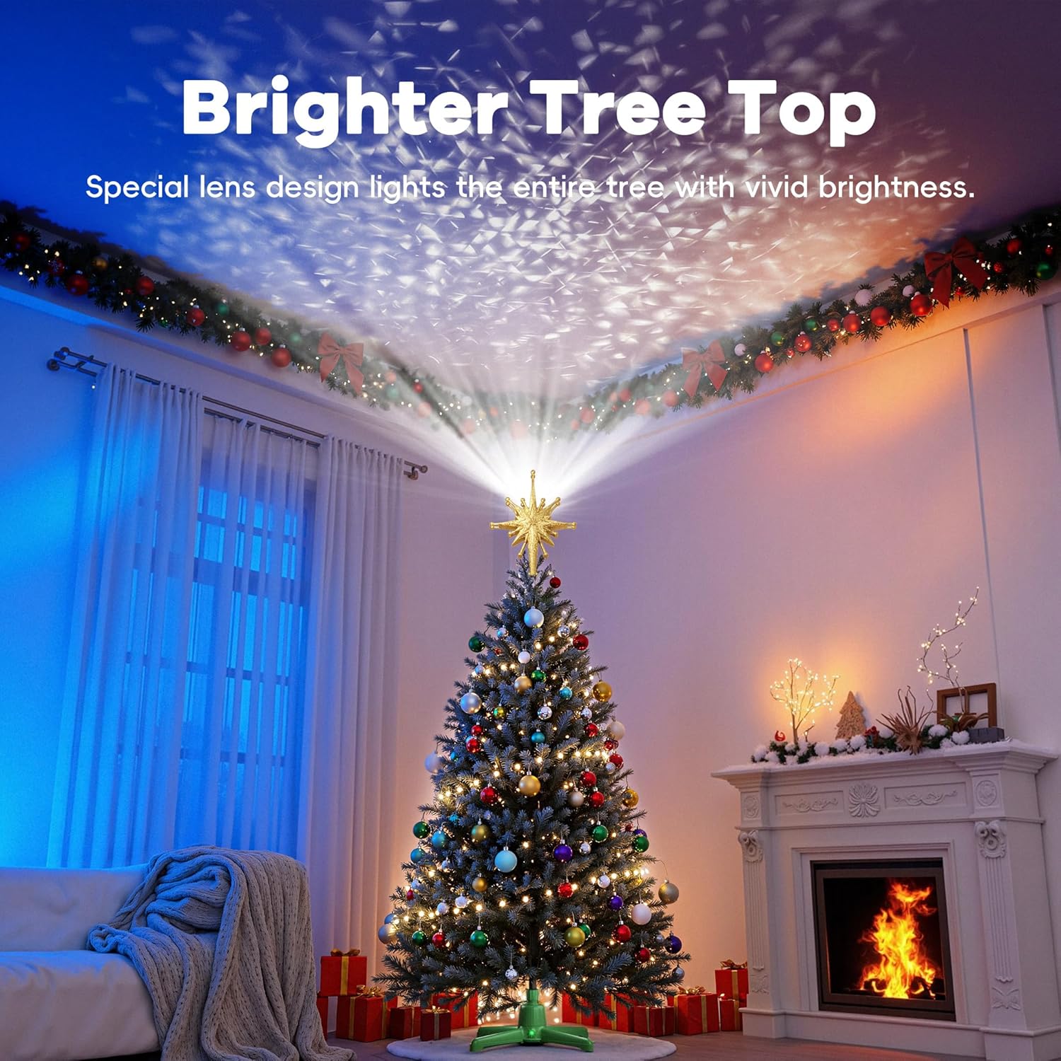 DG-Direct Christmas Tree Topper Lighted with Golden Snowflake Projector, Led Rotating Magic Snowflake, 3D Hollow Glitter Lighted Gold Snow Tree Topper for Christmas Tree Decorations