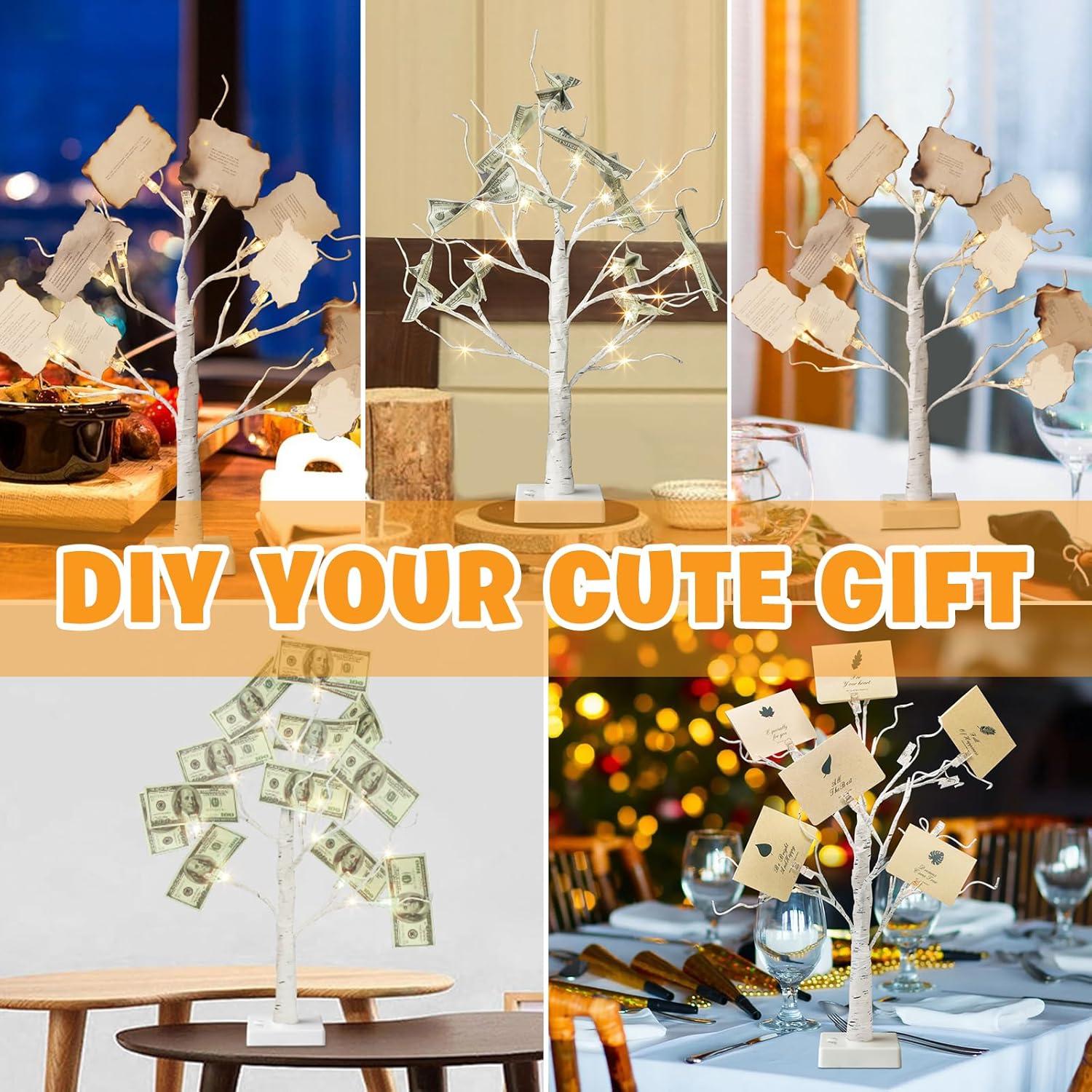 EAMBRITE Home Decorations Light Up White Birch Tree Indoor Christmas Decor, 4 Pack Battery Operated/USB Lighted Tabletop Money Tree Lamp Led Lights Xmas Wedding Centerpiece Table Room (2 Ft)