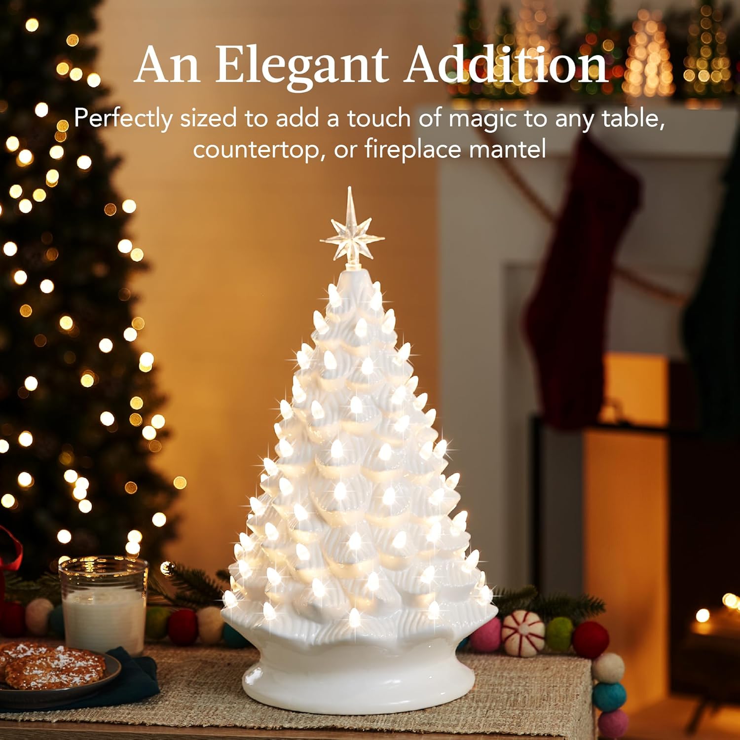 Best Choice Products 18in Large Ceramic Christmas Tree, Pre-lit Hand-Painted Tabletop Holiday Decoration w/Power Cord, 2 Star, 93 Multicolored Bulbs, LED Lights - Green