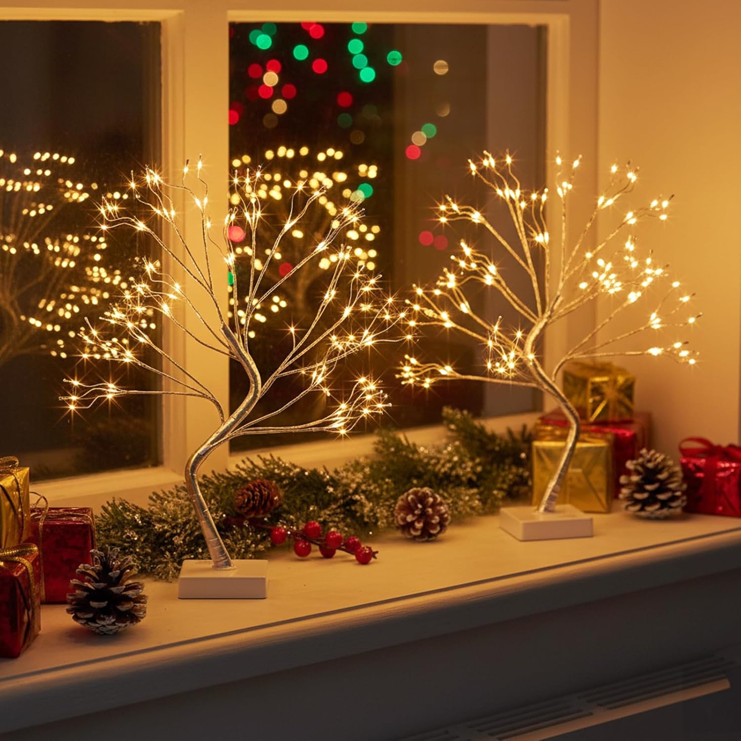 EAMBRITE Home Decorations Light Up White Birch Tree Indoor Christmas Decor, 4 Pack Battery Operated/USB Lighted Tabletop Money Tree Lamp Led Lights Xmas Wedding Centerpiece Table Room (2 Ft)