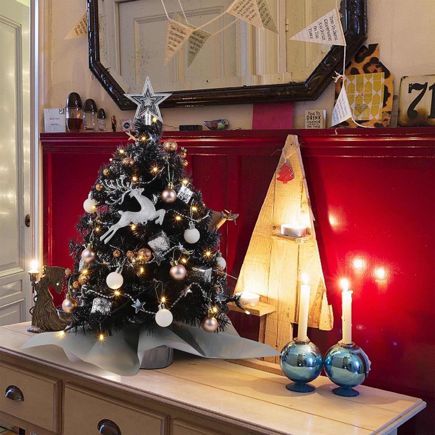 Juegoal 24 Inch Mini Christmas Tree Set, Table Top Artificial Christmas Trees with 50 LED Lights, Ornaments and Red Berries, Best DIY Christmas Decorations