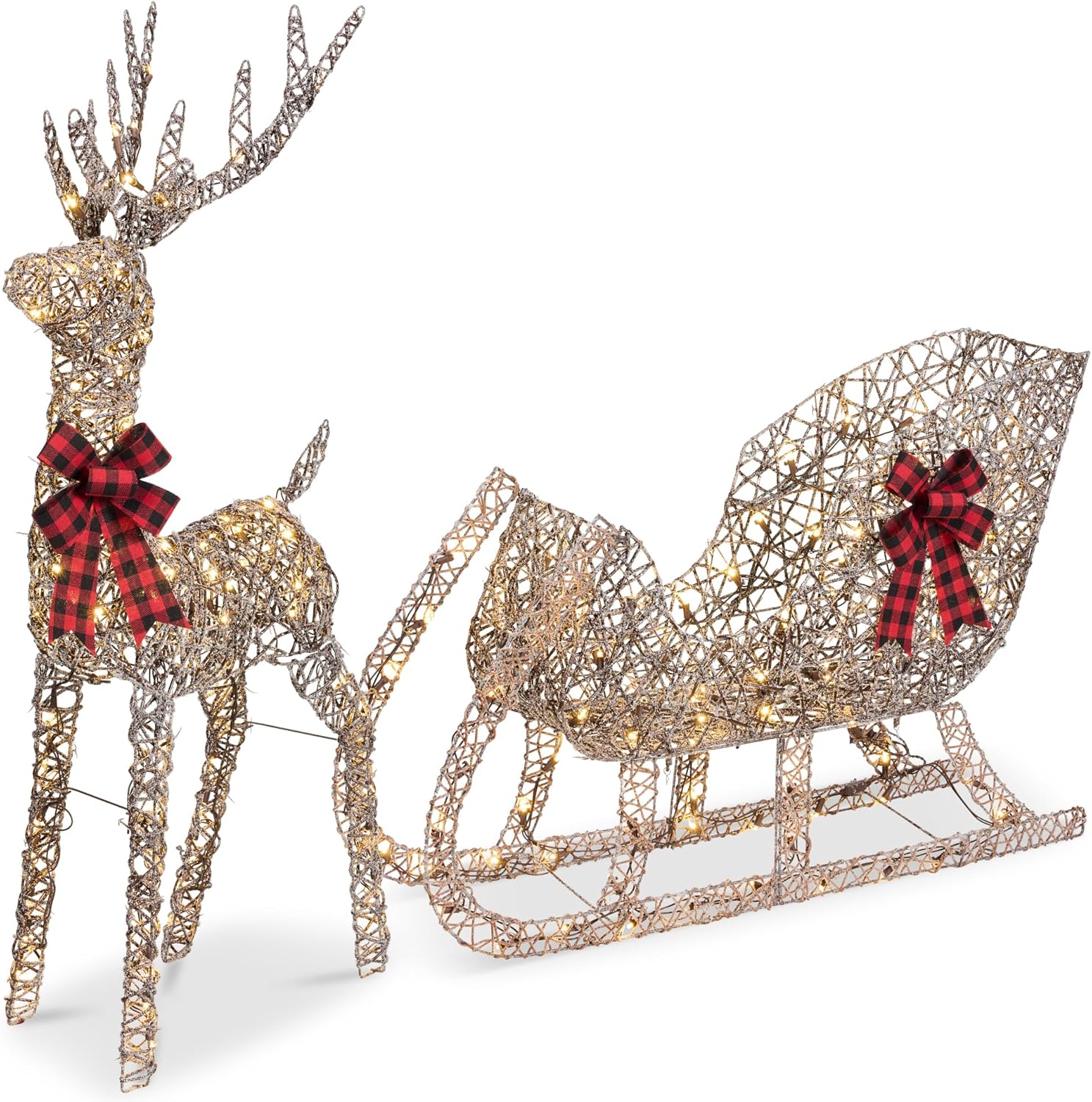 Best Choice Products Lighted Christmas 4ft Reindeer & Sleigh Holiday Outdoor Yard Decoration Set w/ 205 LED Lights, Stakes, Zip Ties - Gold