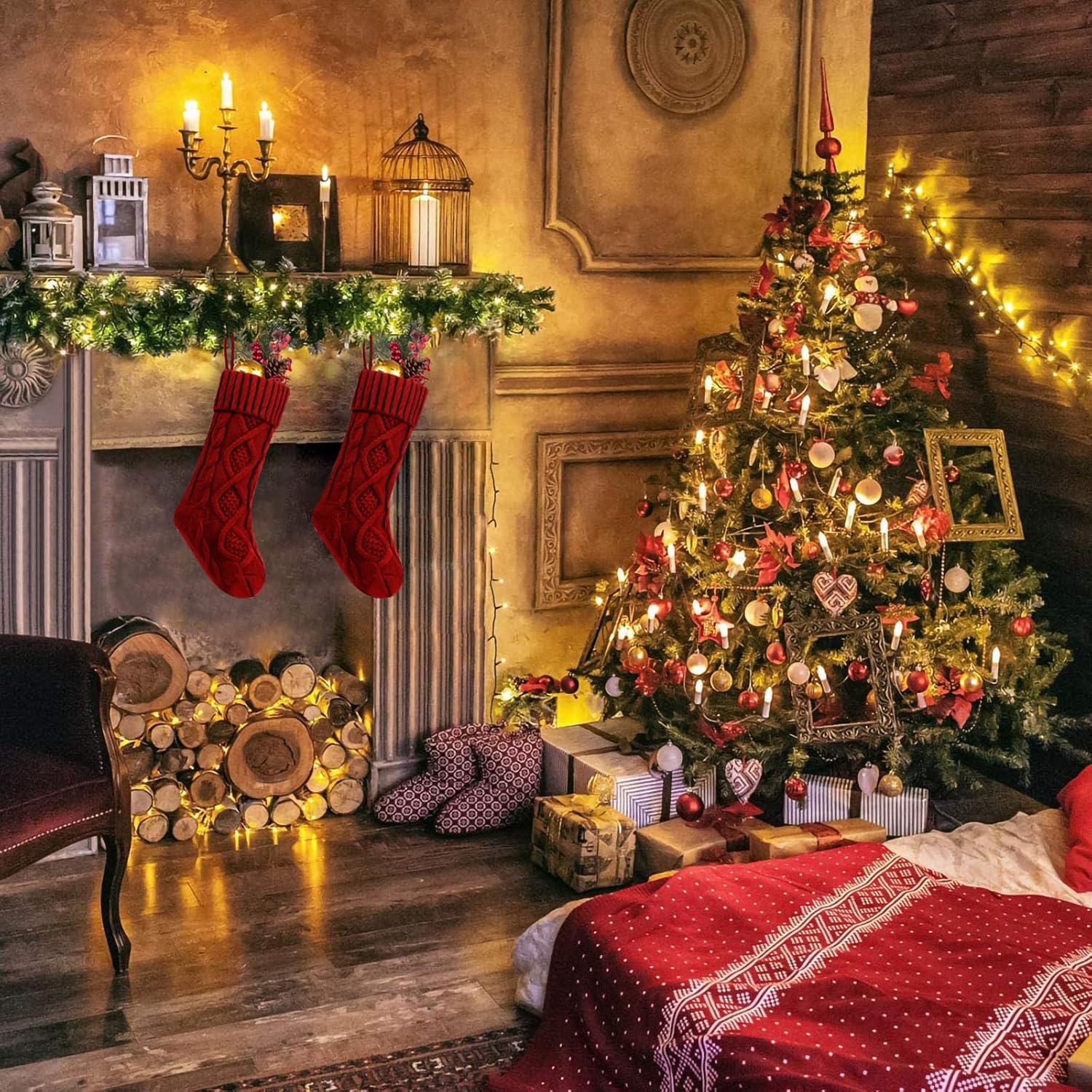 Fesciory 4 Pack Christmas Stockings 18 Inches Large Size Cable Knitted Stocking Gifts & Decorations for Family Holiday Xmas Party, Ivory White