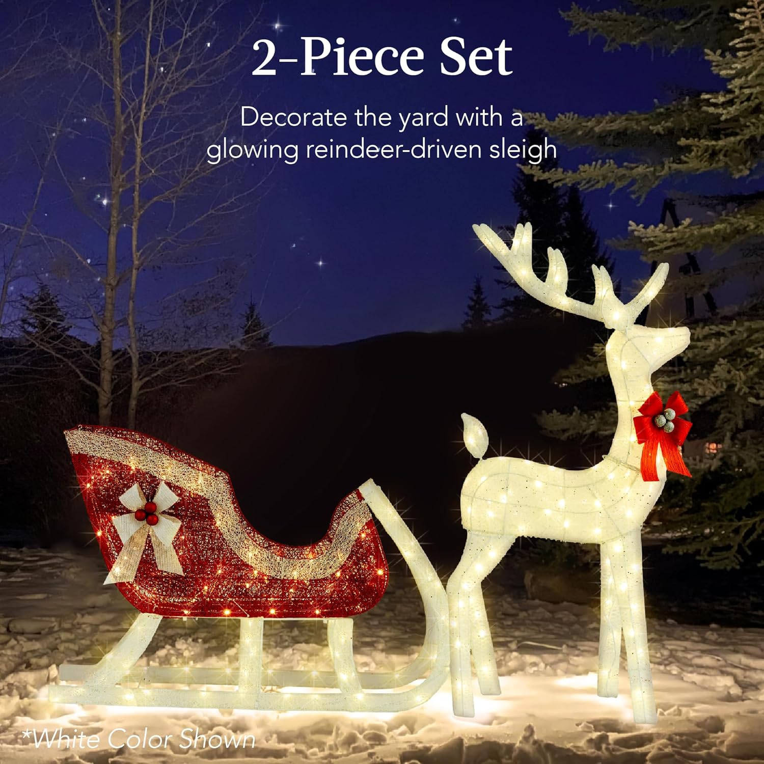 Best Choice Products Lighted Christmas 4ft Reindeer & Sleigh Holiday Outdoor Yard Decoration Set w/ 205 LED Lights, Stakes, Zip Ties - Gold