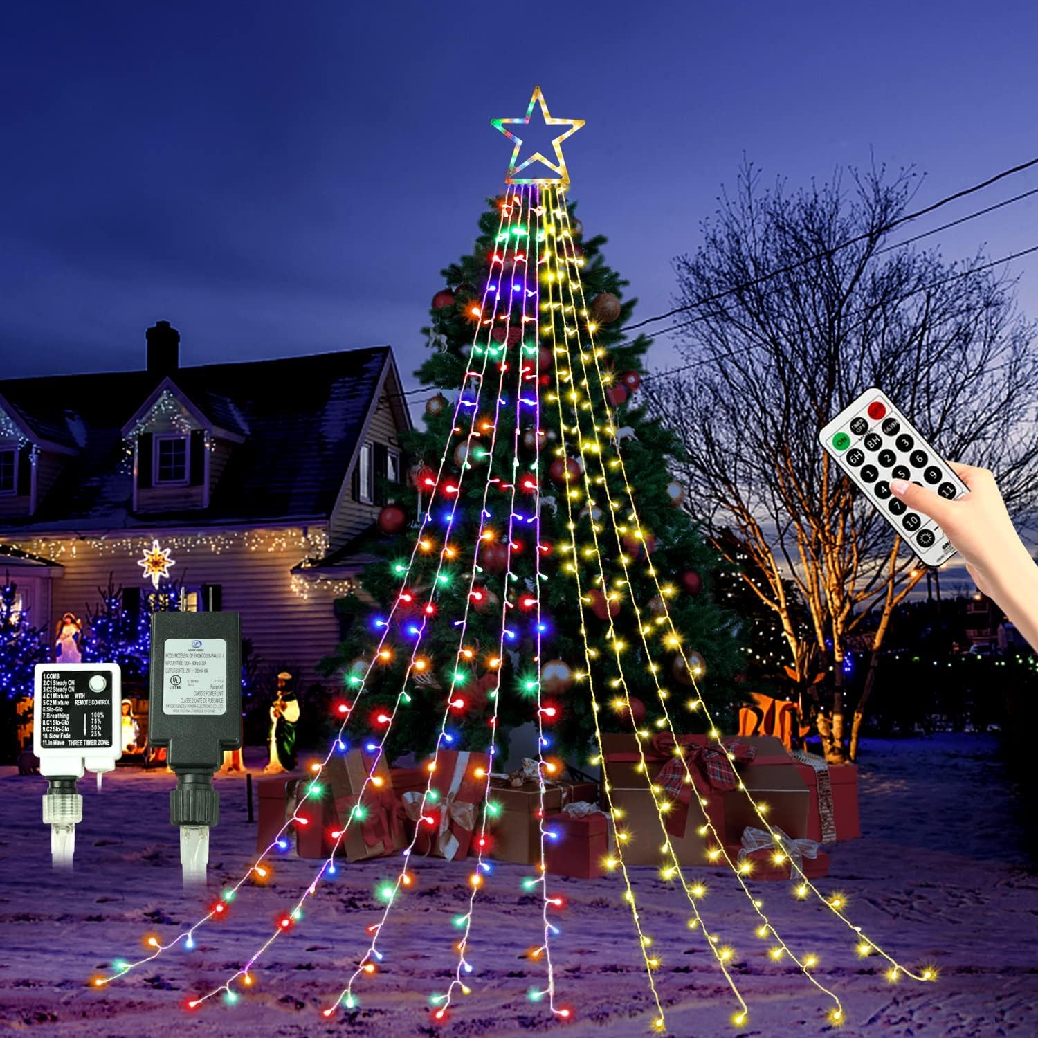 PUHONG Christmas Lights, Decorations Star Lights, 320 LED Christmas Tree Lights Outdoor, 16.4Ft String Lights, 8 Light Modes with 12 Lighted Star for Xmas New Year (Iron-Multicolor)