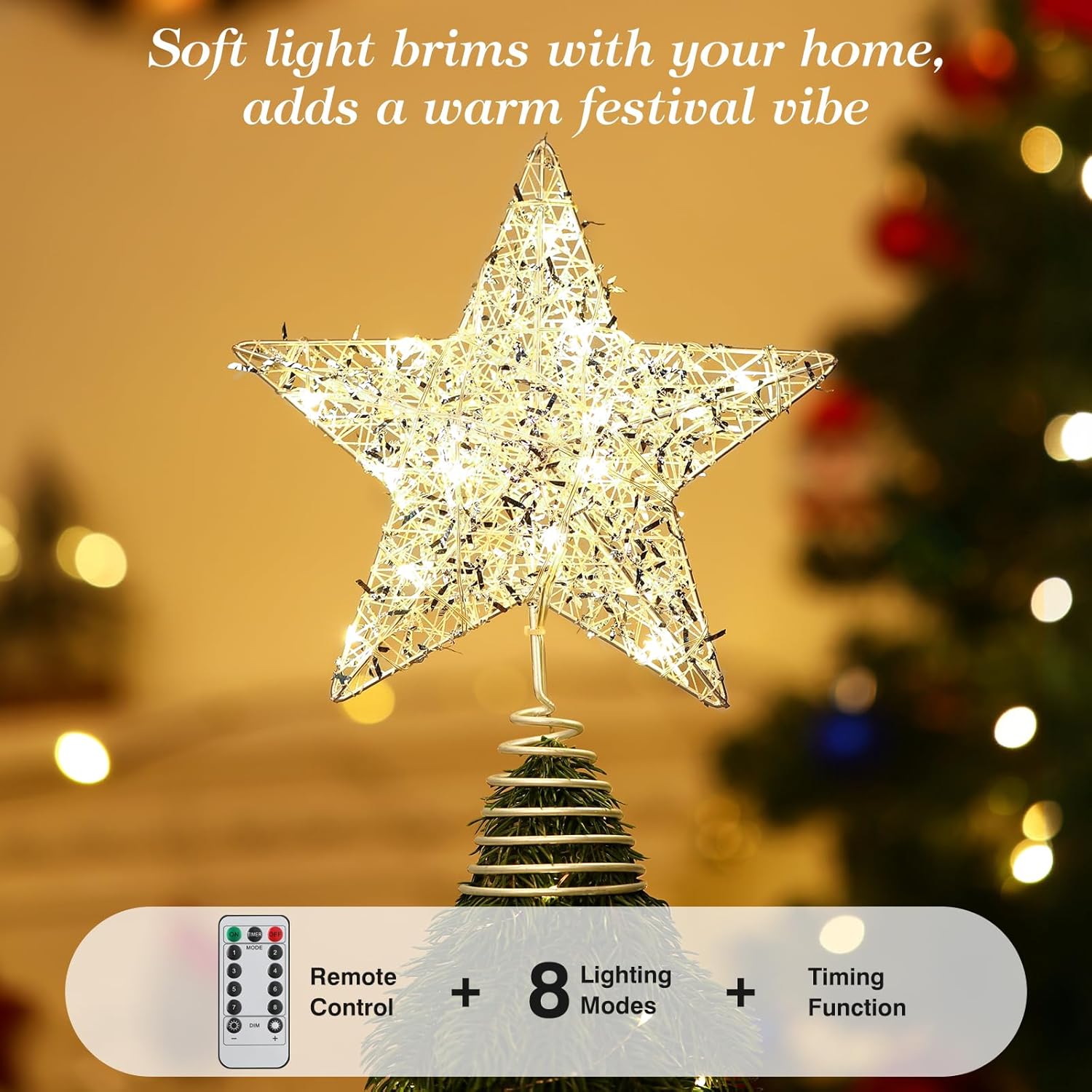 Roylvan Christmas Star Tree Topper with 8 Lighting Modes, USB Lighted Tree Topper with 20 LED Lights, Shiny Treetop Christmas Tree Decoration for Indoor Outdoor Holiday Home Ornament Gift, 9.8 Inch(H)