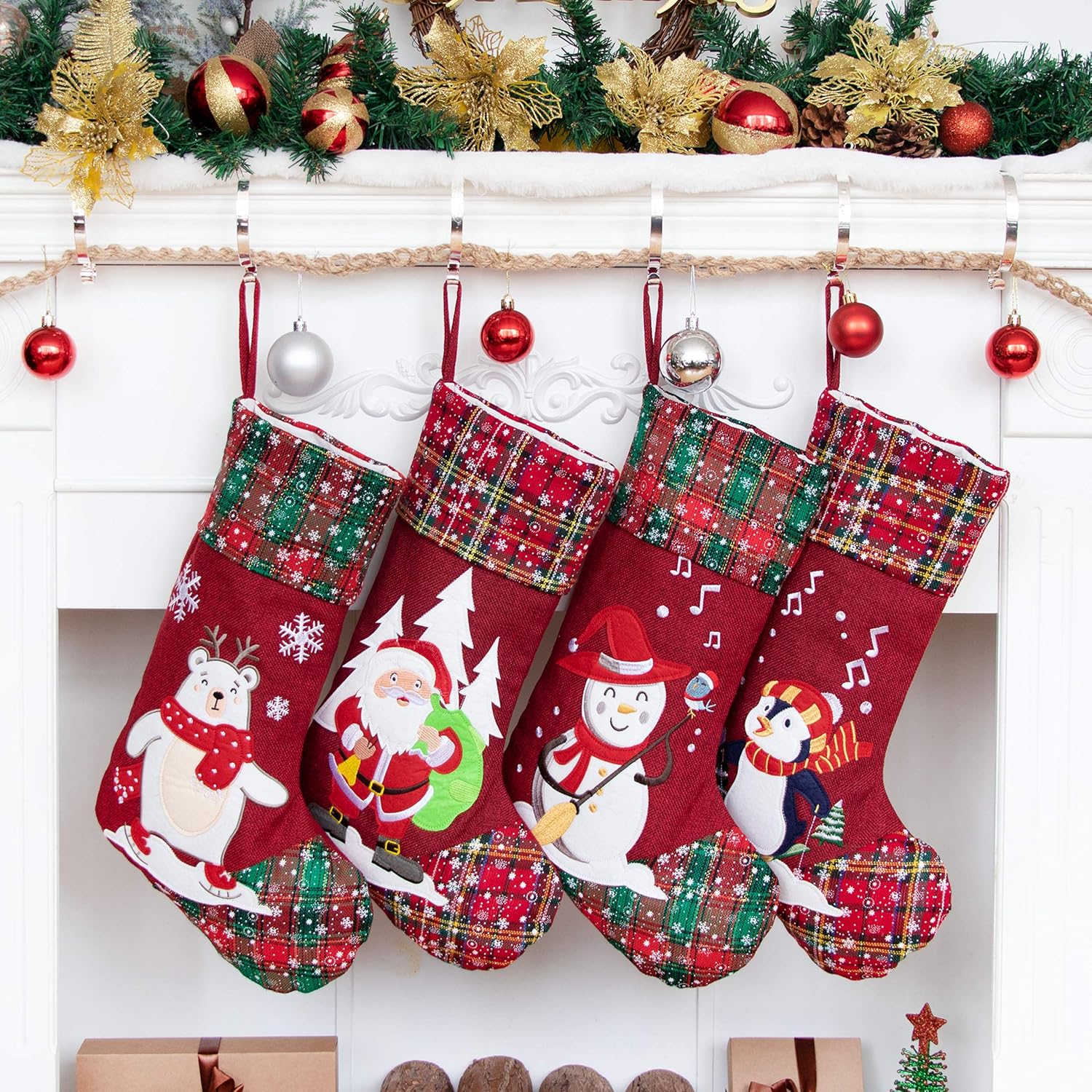 LUBOT Set of 8 Christmas Stocking(20inch) Silhouette Buffalo Red Plaid/Rustic/Farmhouse/Country Cotton Fireplace Hanging Xmas Stockings Decorations for Family Holiday Season Decor