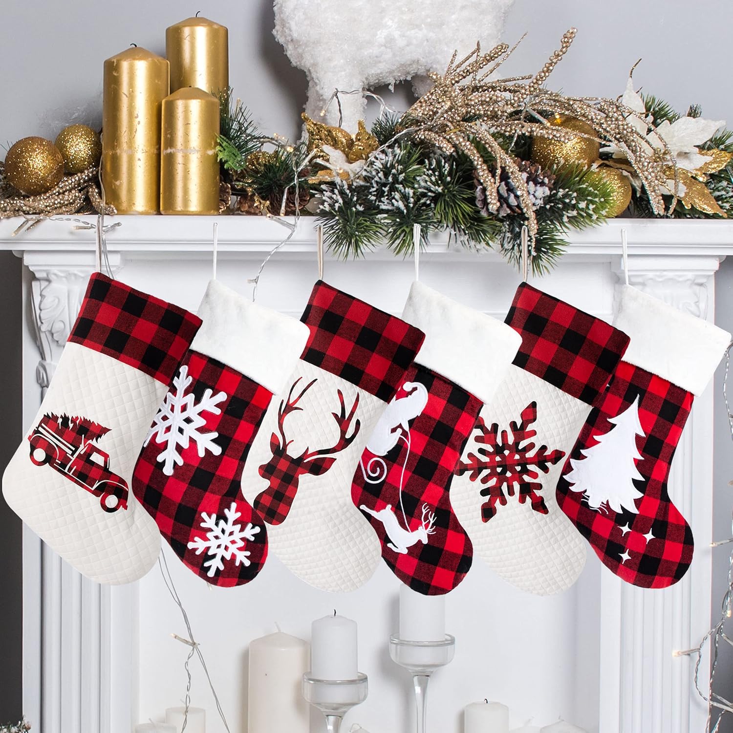 LUBOT Set of 8 Christmas Stocking(20inch) Silhouette Buffalo Red Plaid/Rustic/Farmhouse/Country Cotton Fireplace Hanging Xmas Stockings Decorations for Family Holiday Season Decor