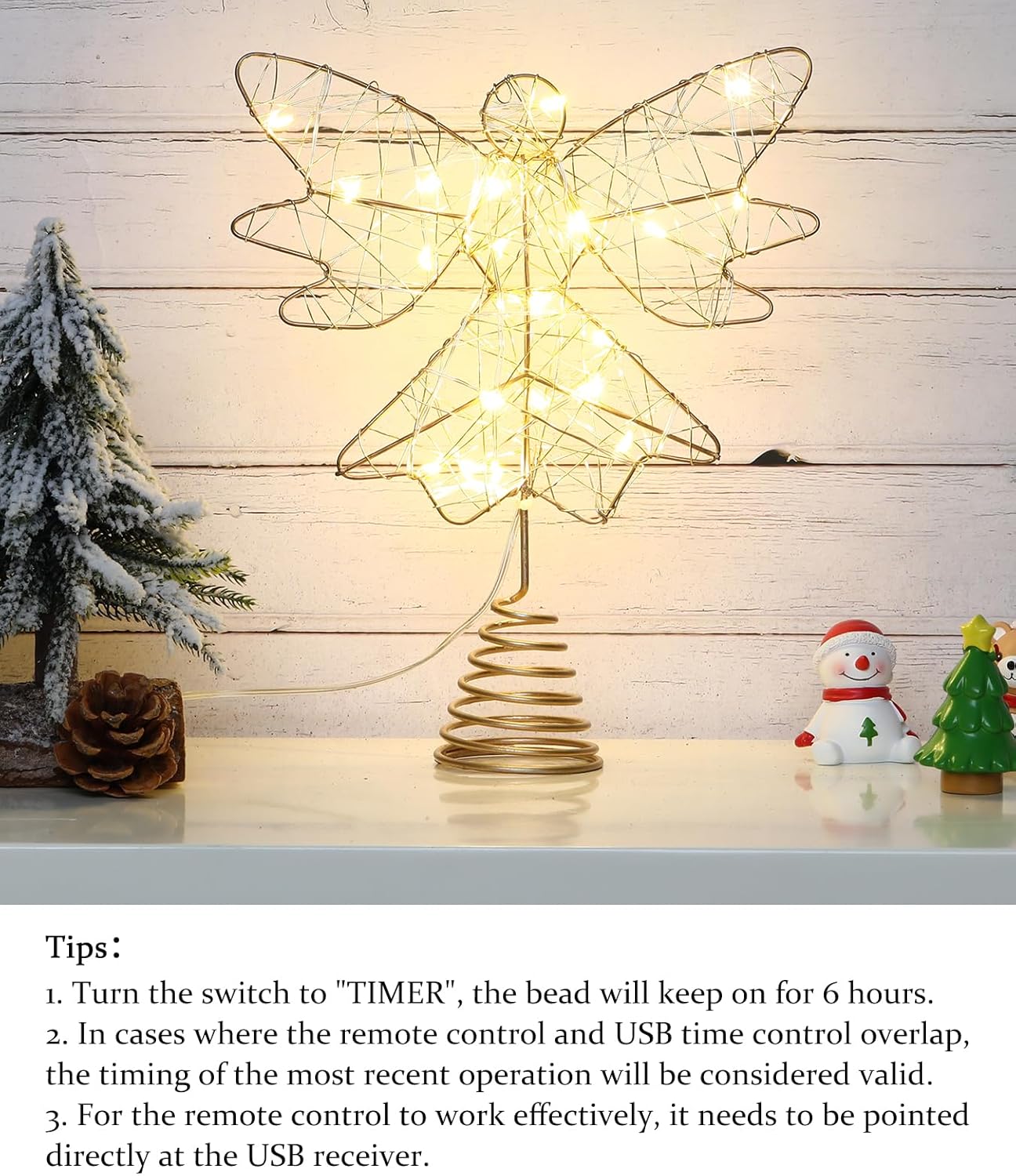 Roylvan Christmas Star Tree Topper with 8 Lighting Modes, USB Lighted Tree Topper with 20 LED Lights, Shiny Treetop Christmas Tree Decoration for Indoor Outdoor Holiday Home Ornament Gift, 9.8 Inch(H)