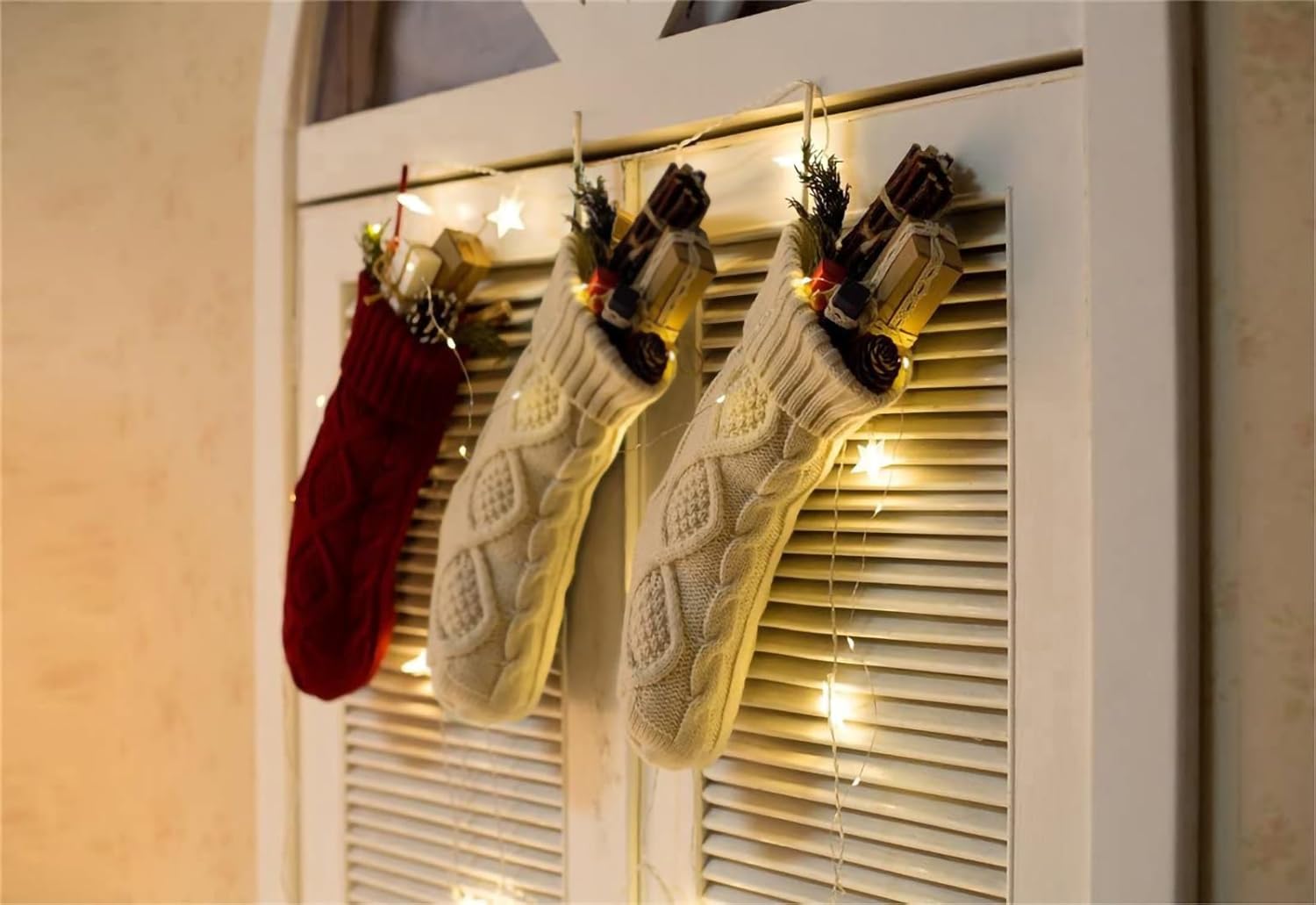 Fesciory 4 Pack Christmas Stockings 18 Inches Large Size Cable Knitted Stocking Gifts & Decorations for Family Holiday Xmas Party, Ivory White