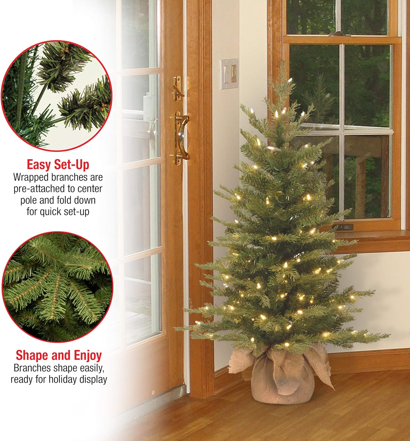 National Tree Company 3 ft Pre-Lit Nordic Spruce Mini Artificial Christmas Tree, 100 Clear Lights, 363 Tips, Burlap Base, Green
