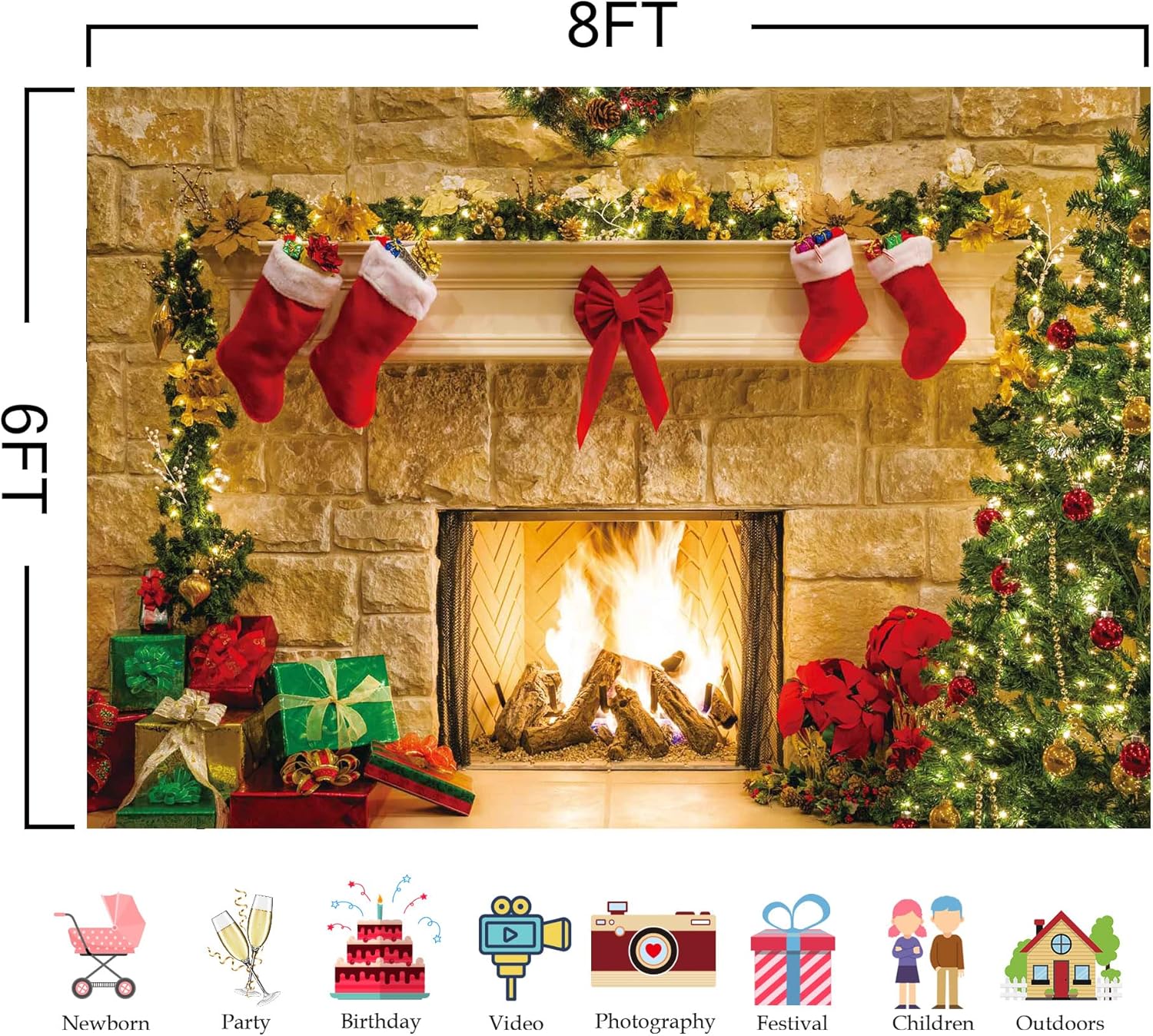 Christmas Fireplace Theme Backdrop for Photography Soft Wrinkle Free Fabric Tree Sock Decorations for Xmas Party Supplies Photo Background Pictures Banner Studio Decor Booth Props