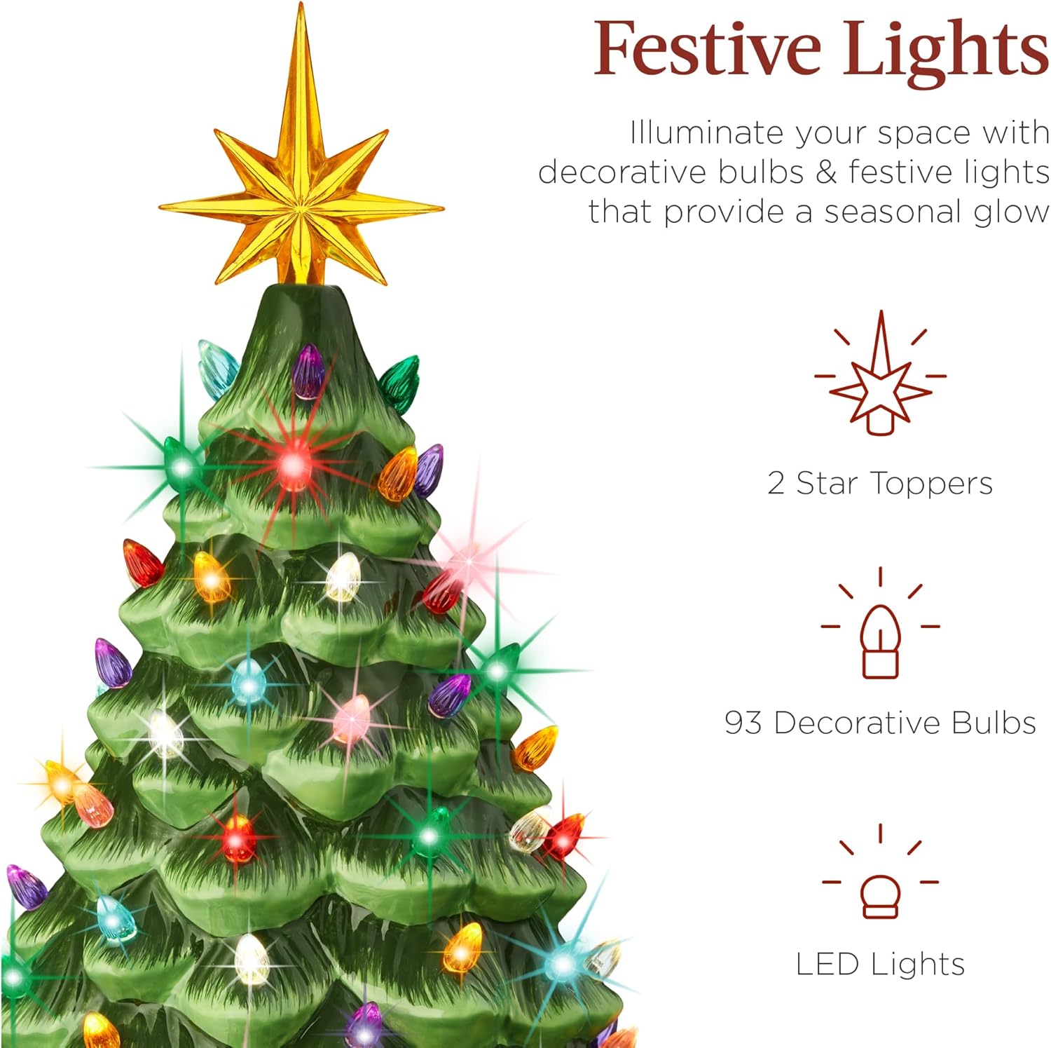 Best Choice Products 18in Large Ceramic Christmas Tree, Pre-lit Hand-Painted Tabletop Holiday Decoration w/Power Cord, 2 Star, 93 Multicolored Bulbs, LED Lights - Green