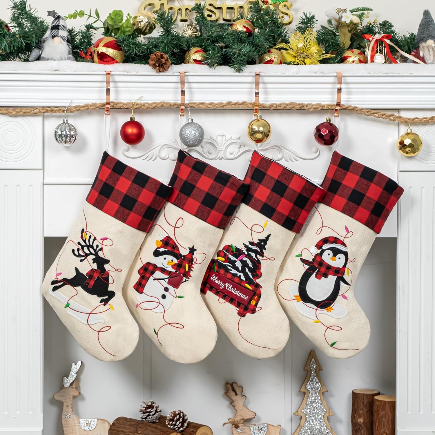 LUBOT Set of 8 Christmas Stocking(20inch) Silhouette Buffalo Red Plaid/Rustic/Farmhouse/Country Cotton Fireplace Hanging Xmas Stockings Decorations for Family Holiday Season Decor