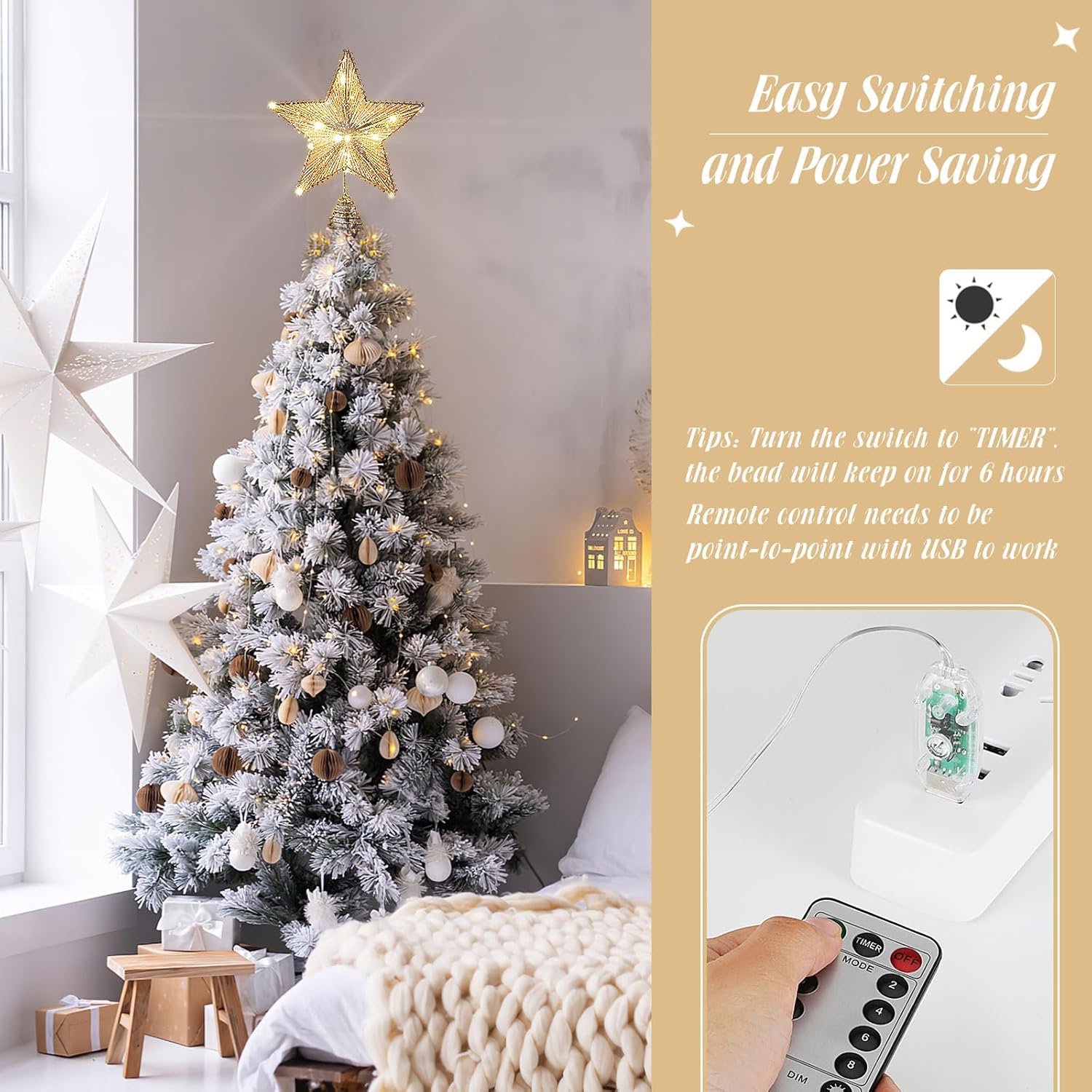 Roylvan Christmas Star Tree Topper with 8 Lighting Modes, USB Lighted Tree Topper with 20 LED Lights, Shiny Treetop Christmas Tree Decoration for Indoor Outdoor Holiday Home Ornament Gift, 9.8 Inch(H)