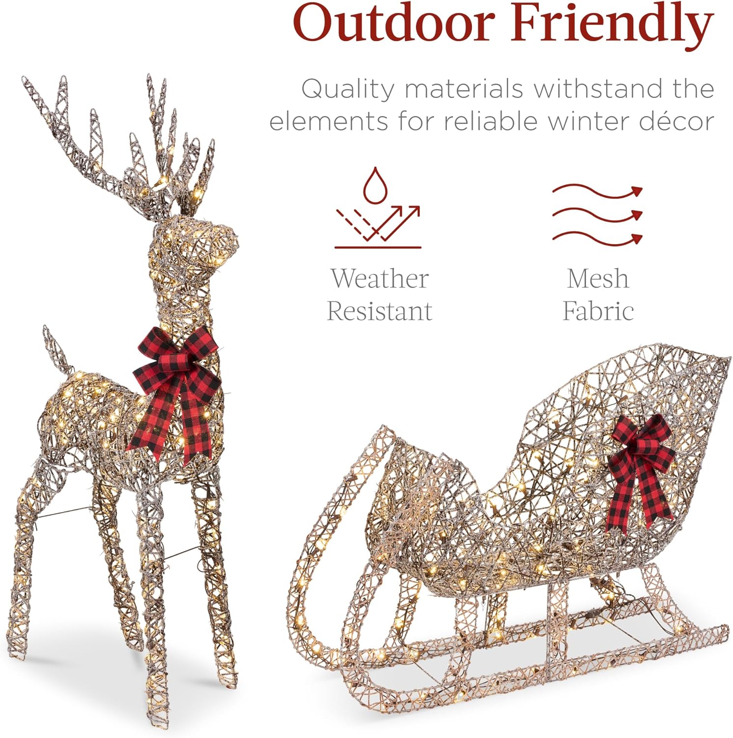 Best Choice Products Lighted Christmas 4ft Reindeer & Sleigh Holiday Outdoor Yard Decoration Set w/ 205 LED Lights, Stakes, Zip Ties - Gold