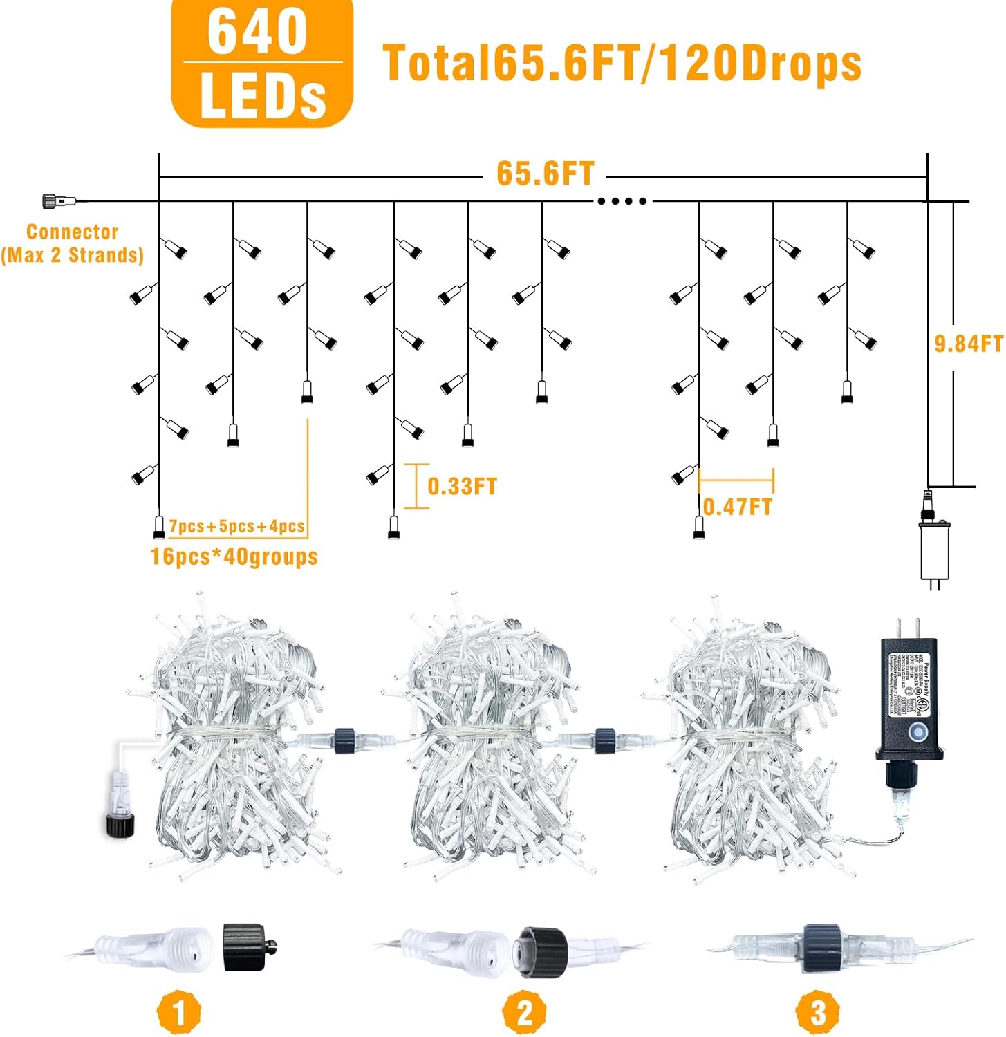 66ft Icicle Lights for Outside - 640 LED Christmas Lights Outdoor with 120 Drops 8 Modes, Plug in Twinkle Light Outside for Holiday Wedding Party Tree Room Indoor Thanksgiving Decoration, Warm White