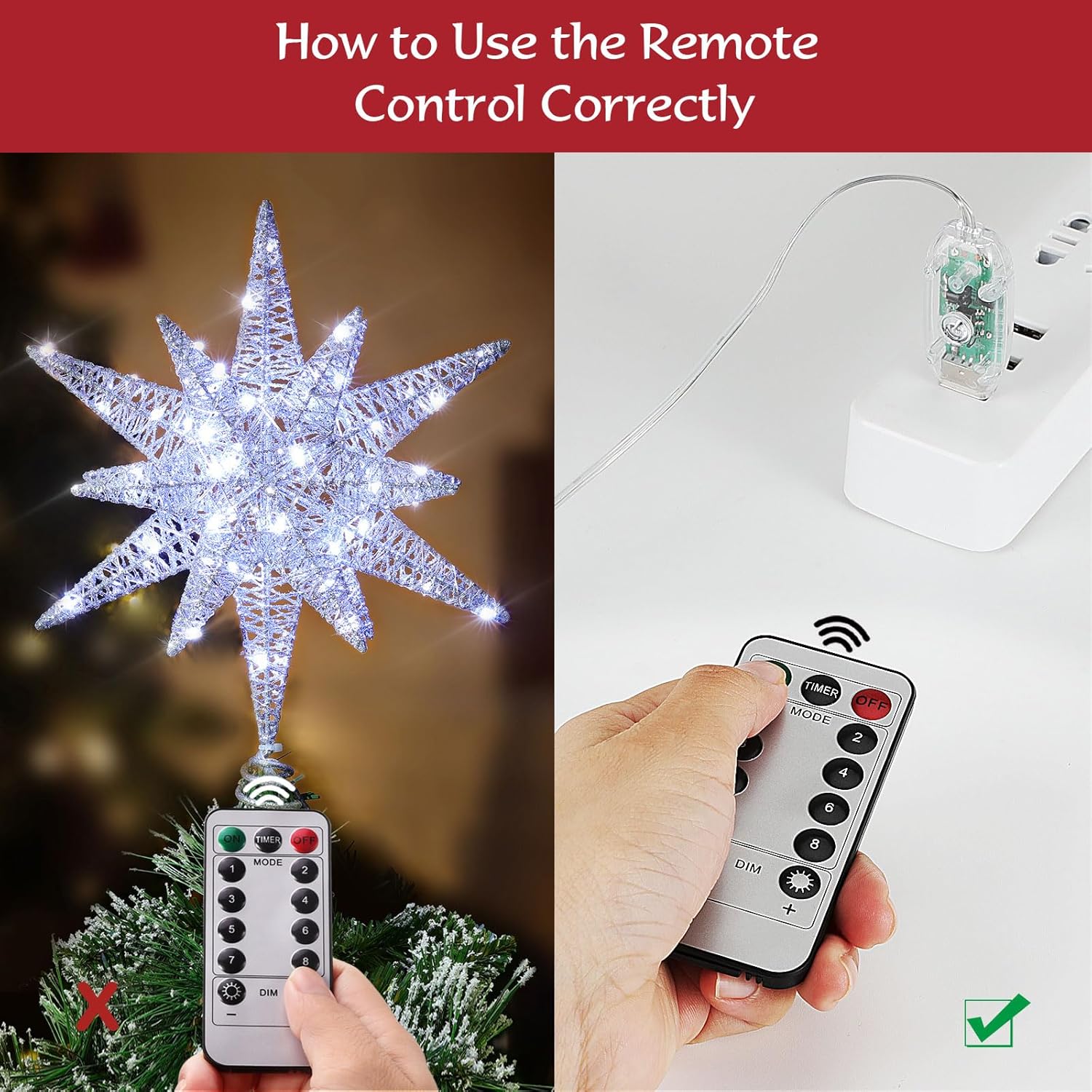 Roylvan Christmas Star Tree Topper with 8 Lighting Modes, USB Lighted Tree Topper with 20 LED Lights, Shiny Treetop Christmas Tree Decoration for Indoor Outdoor Holiday Home Ornament Gift, 9.8 Inch(H)