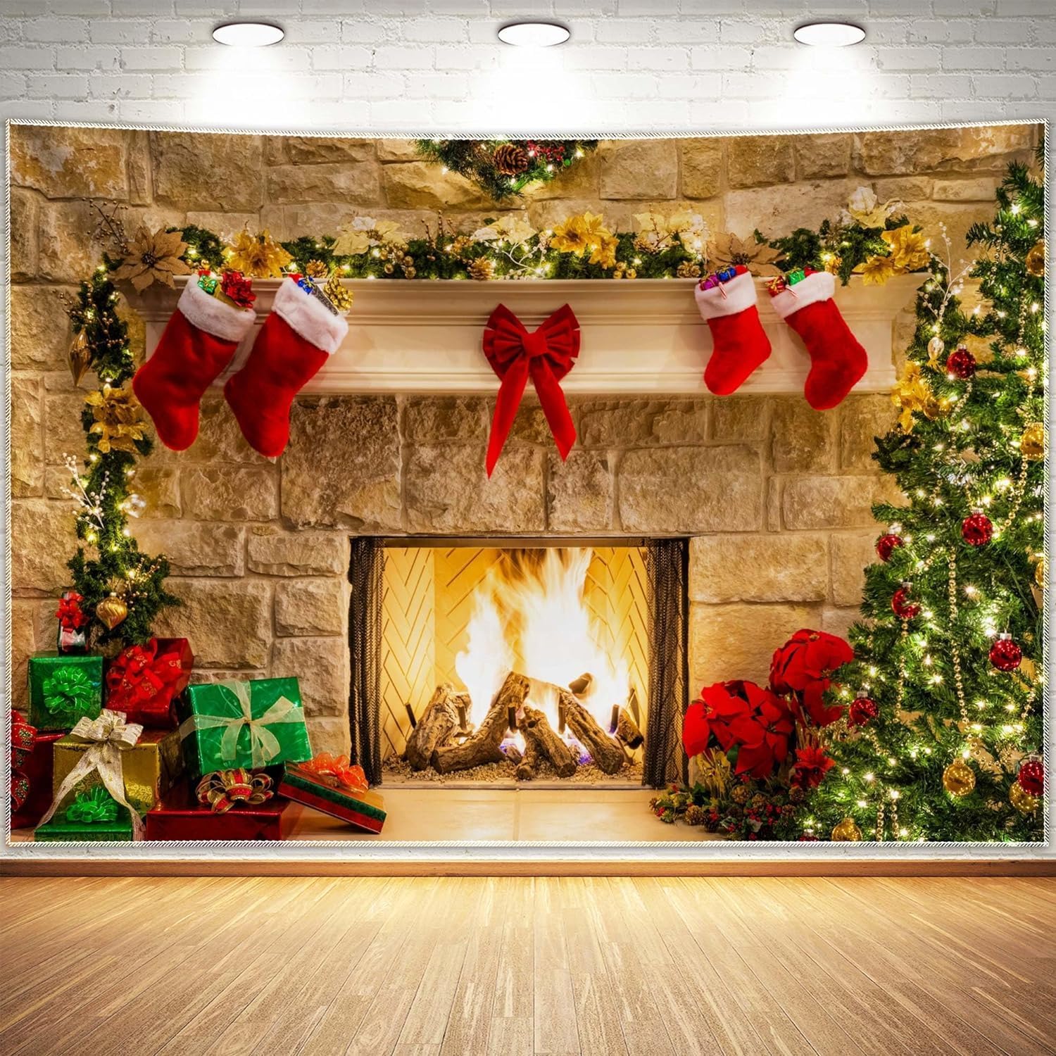 Christmas Fireplace Theme Backdrop for Photography Soft Wrinkle Free Fabric Tree Sock Decorations for Xmas Party Supplies Photo Background Pictures Banner Studio Decor Booth Props