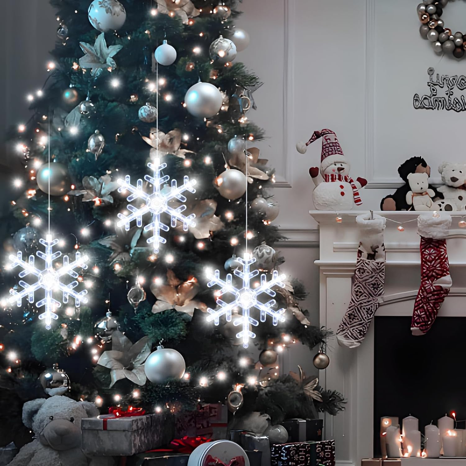 LYUBASA 3Pack Christmas Window Lights Decorations with Timer, Battery Powered Christmas Hanging White Lighted Snowflake Shaped LED Sucker for Xmas Lamp Tree Fireplace Indoor Decor