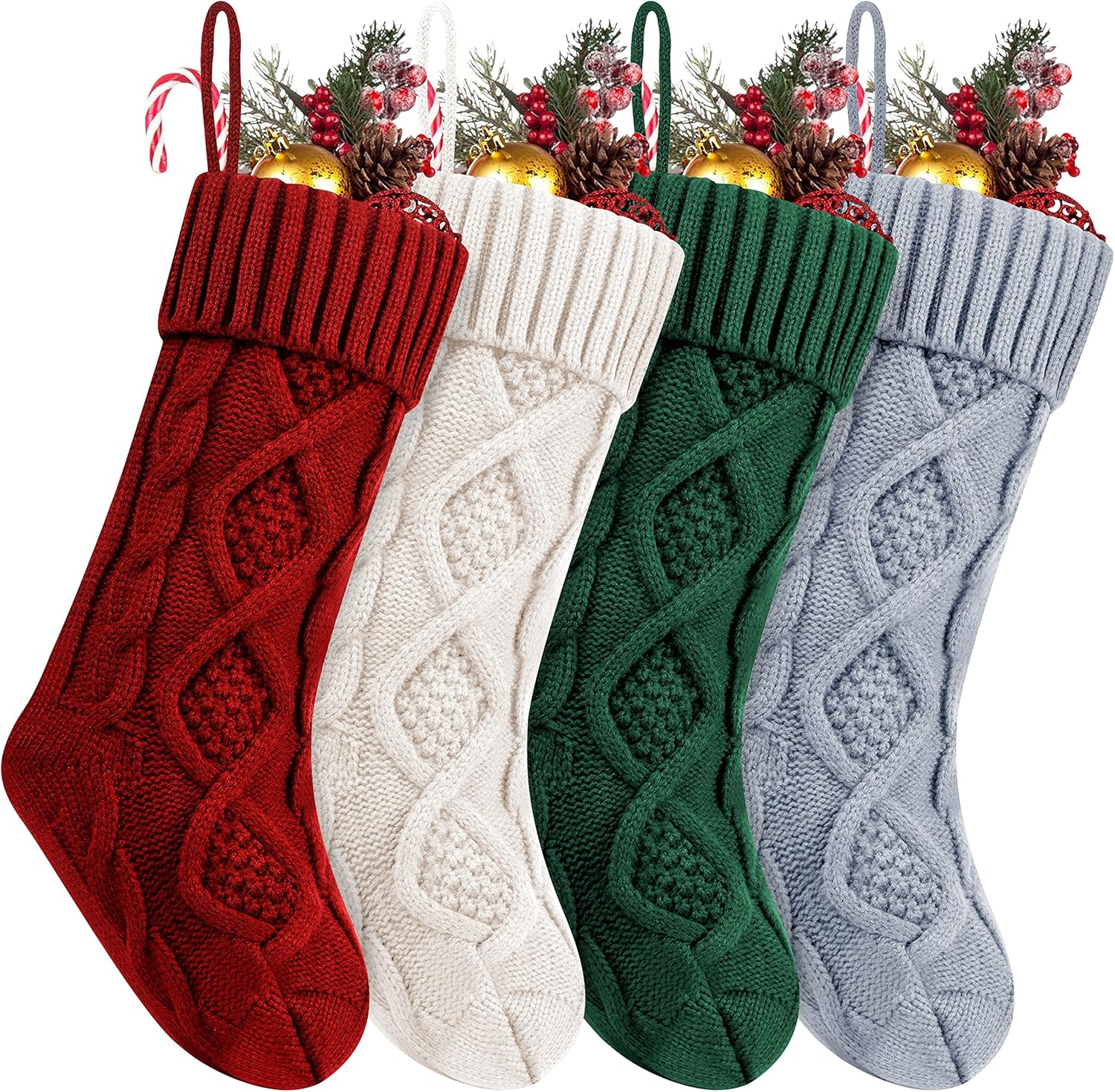 Fesciory 4 Pack Christmas Stockings 18 Inches Large Size Cable Knitted Stocking Gifts & Decorations for Family Holiday Xmas Party, Ivory White