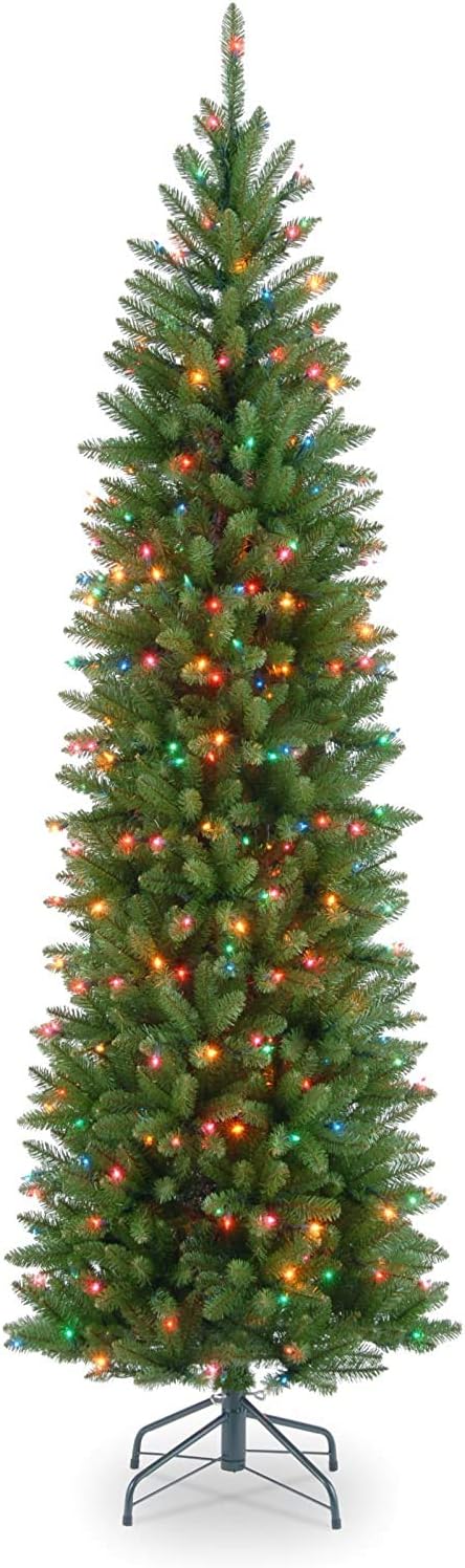 National Tree Company 6.5 ft Pre-Lit Kingswood Fir Slim Artificial Christmas Tree, 250 Multicolor Lights, 719 Tips, Includes Stand, Green