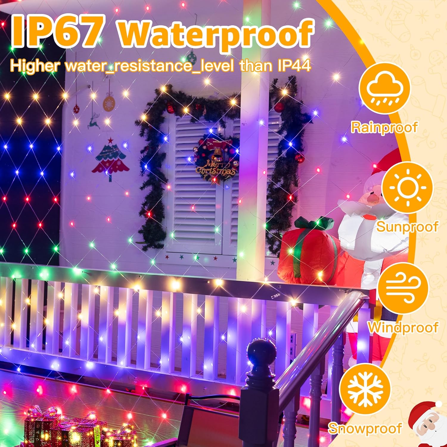 Ollny Net Lights Outdoor Mesh Light 10x7ft, 210LED Clear Wire Connectable Christmas Net Lights with 8 Modes, IP67 Waterproof Bush Light for Tree Wall Ceiling Outside Decorations, Warm White