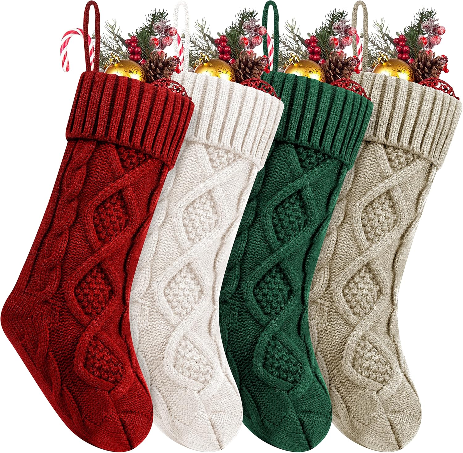 Fesciory 4 Pack Christmas Stockings 18 Inches Large Size Cable Knitted Stocking Gifts & Decorations for Family Holiday Xmas Party, Ivory White