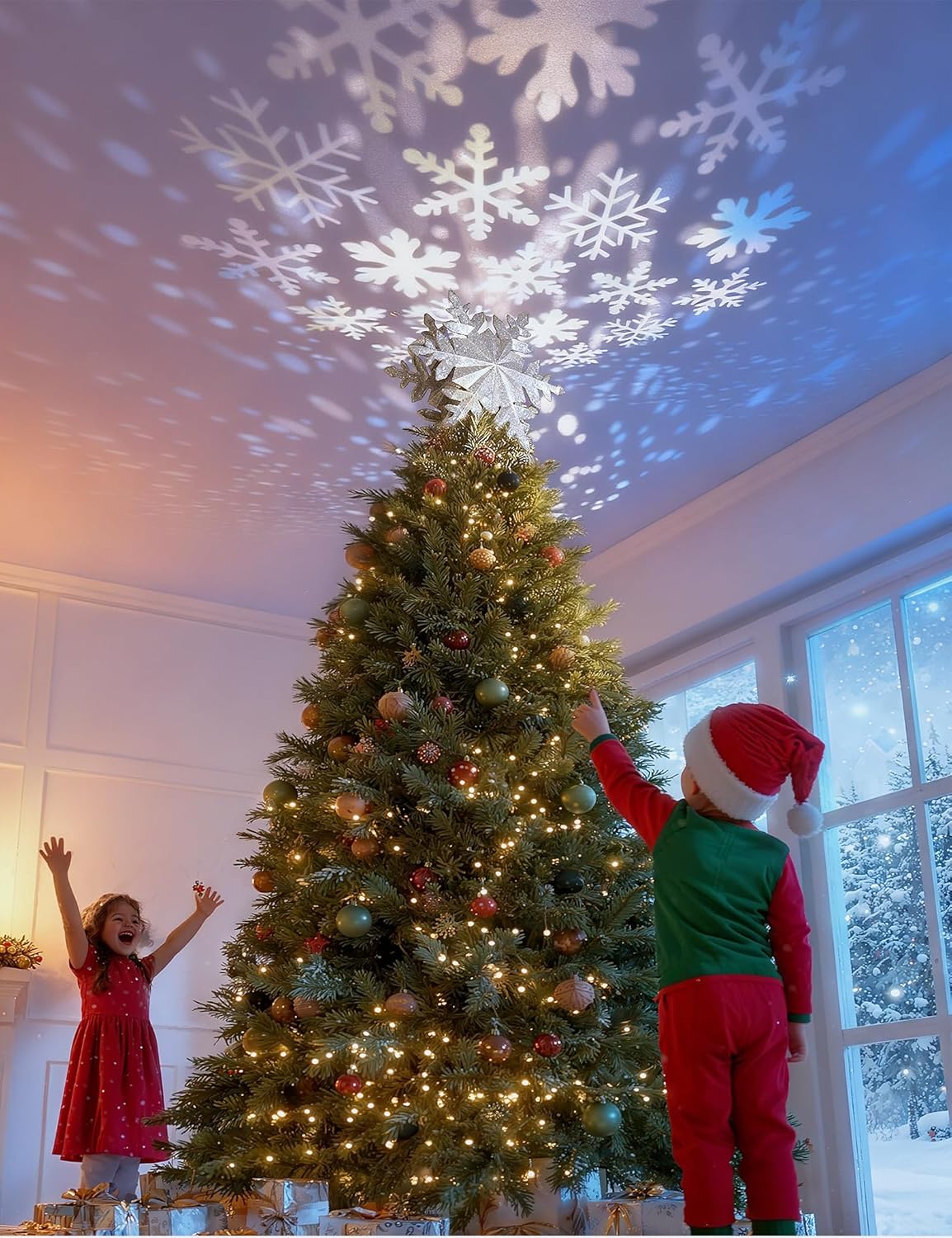 DG-Direct Christmas Tree Topper Lighted with Golden Snowflake Projector, Led Rotating Magic Snowflake, 3D Hollow Glitter Lighted Gold Snow Tree Topper for Christmas Tree Decorations