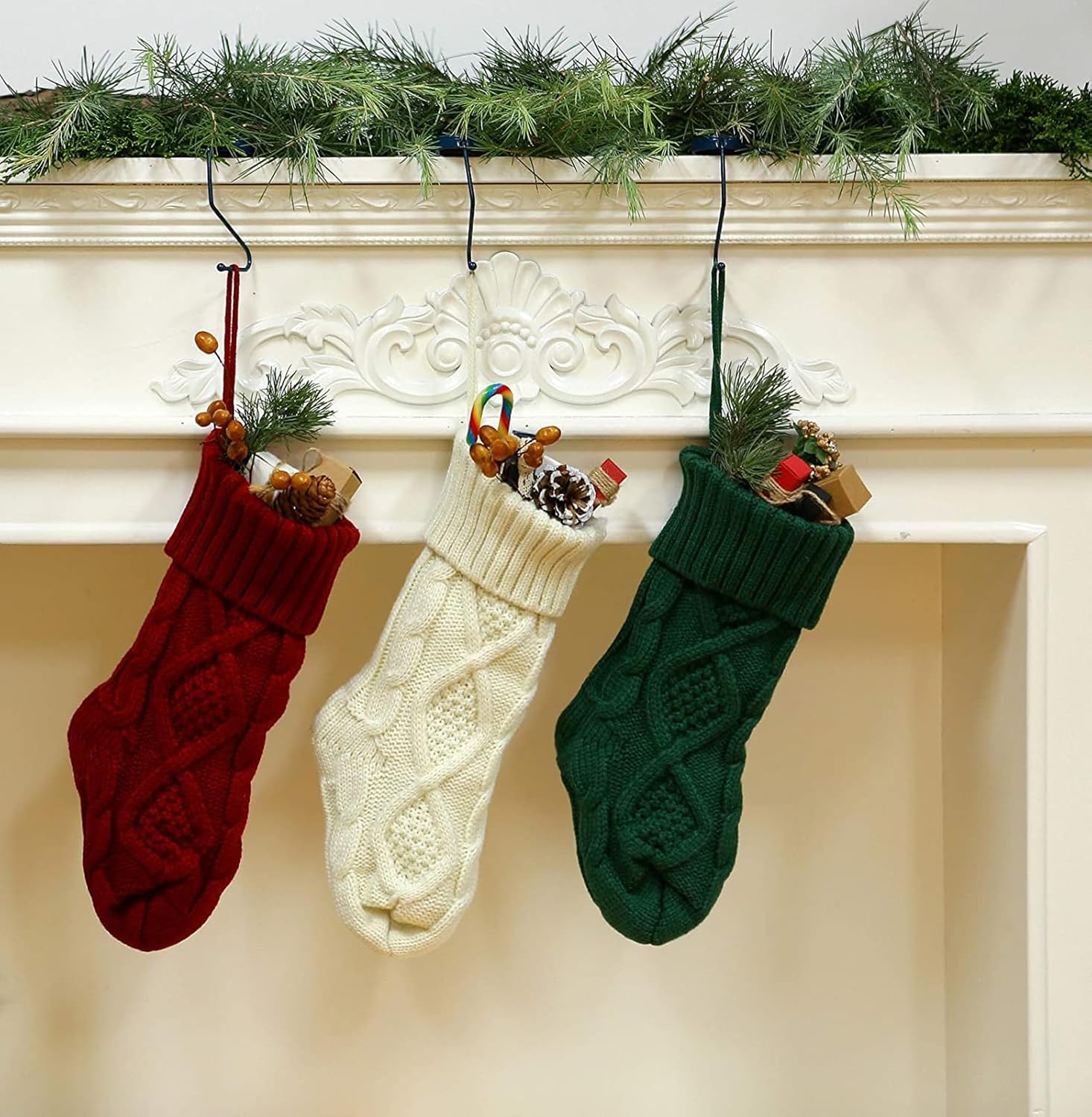 Fesciory 4 Pack Christmas Stockings 18 Inches Large Size Cable Knitted Stocking Gifts & Decorations for Family Holiday Xmas Party, Ivory White