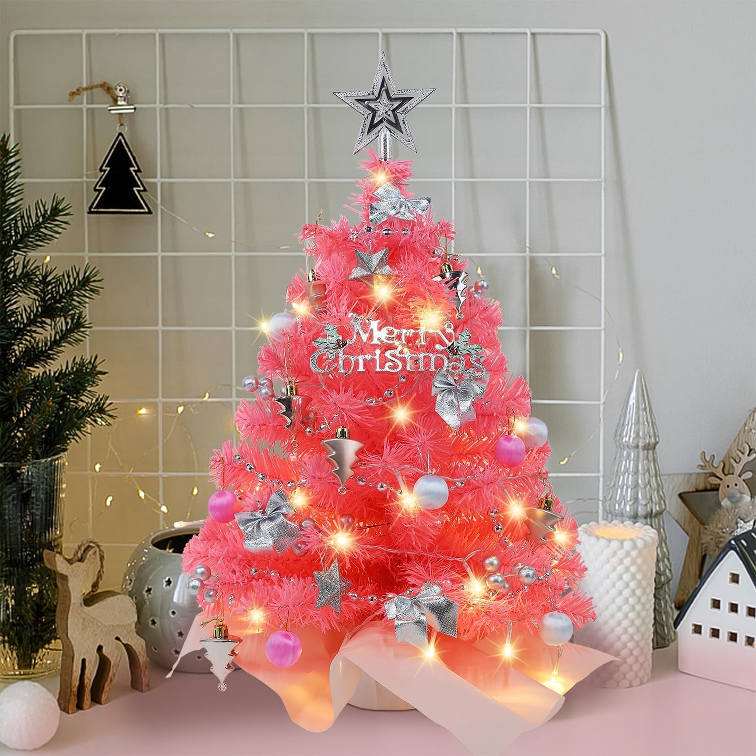 Juegoal 24 Inch Mini Christmas Tree Set, Table Top Artificial Christmas Trees with 50 LED Lights, Ornaments and Red Berries, Best DIY Christmas Decorations