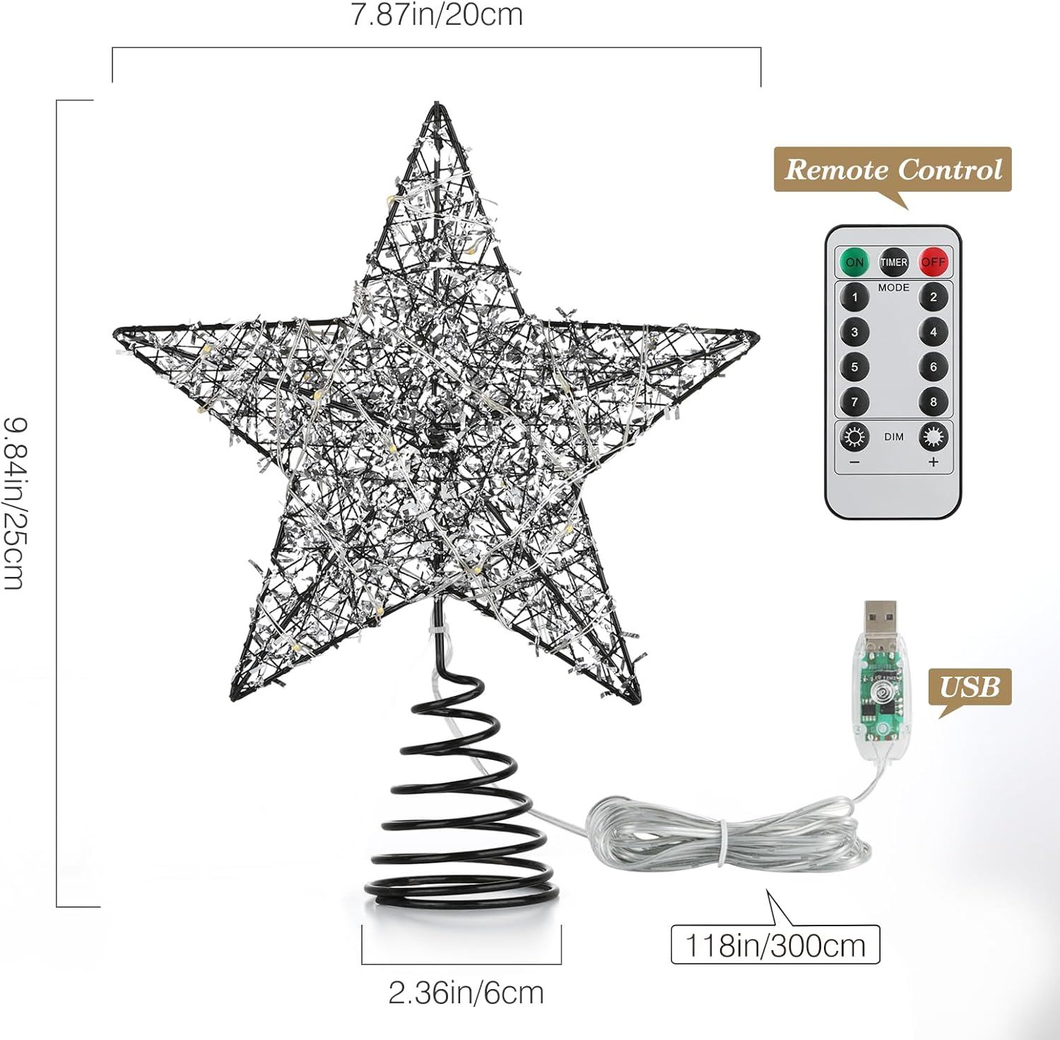 Roylvan Christmas Star Tree Topper with 8 Lighting Modes, USB Lighted Tree Topper with 20 LED Lights, Shiny Treetop Christmas Tree Decoration for Indoor Outdoor Holiday Home Ornament Gift, 9.8 Inch(H)