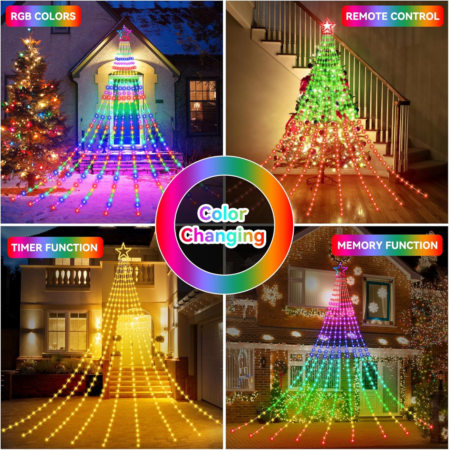 PUHONG Christmas Lights, Decorations Star Lights, 320 LED Christmas Tree Lights Outdoor, 16.4Ft String Lights, 8 Light Modes with 12 Lighted Star for Xmas New Year (Iron-Multicolor)