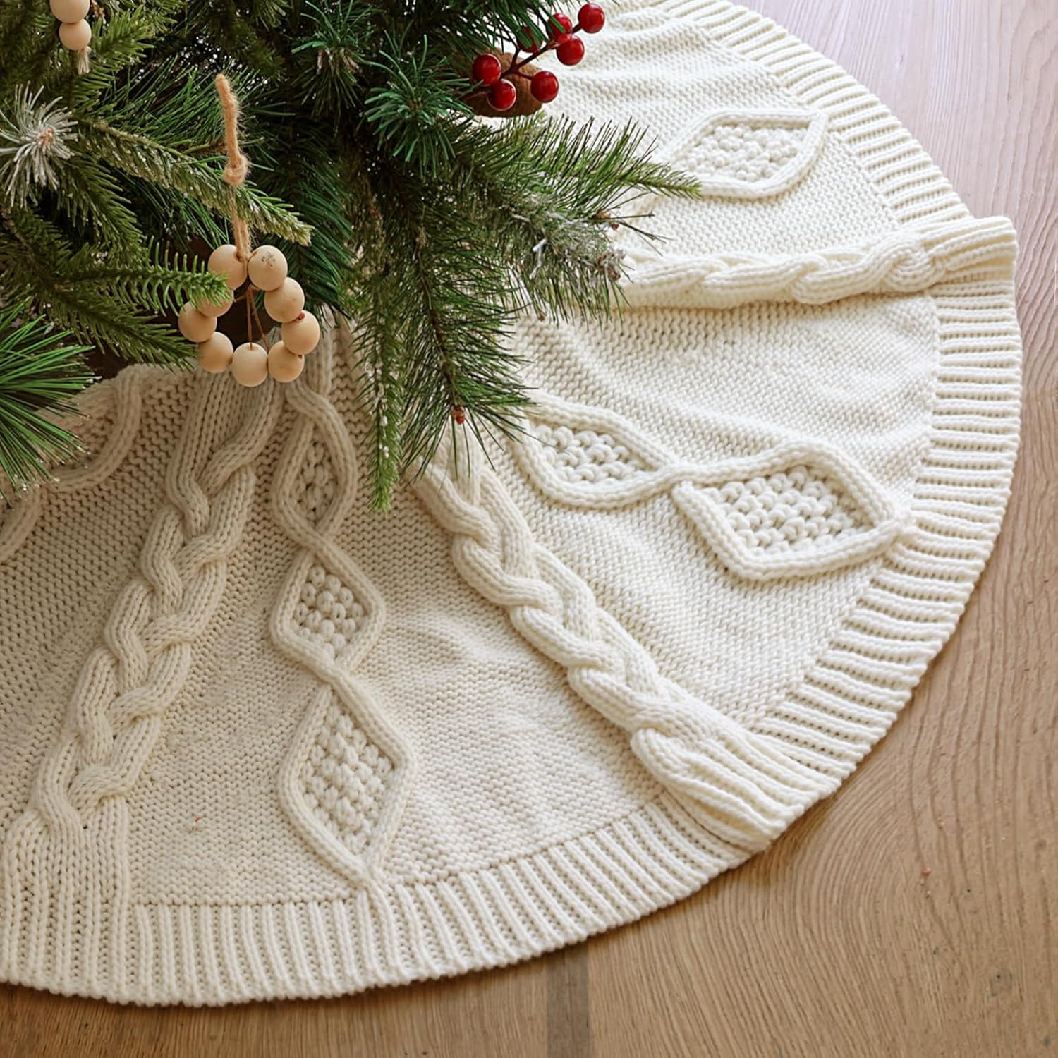 48 Inch Christmas Tree Skirt: Braided Cable Knit Tree Skirt for 7.5FT Tree, Cream White Tree Skirt, Vintage Tree Skirts, Rustic Farmhouse Christmas Decorations