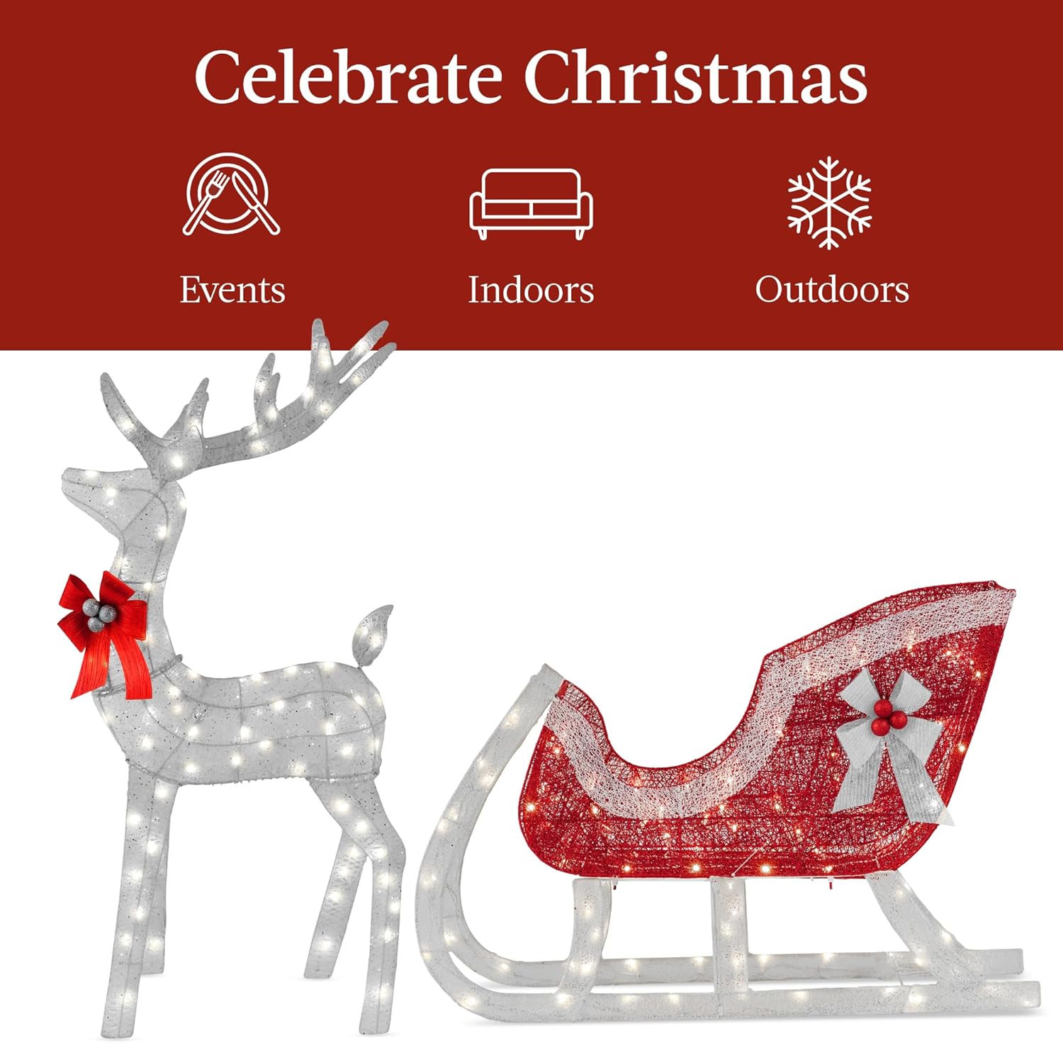 Best Choice Products Lighted Christmas 4ft Reindeer & Sleigh Holiday Outdoor Yard Decoration Set w/ 205 LED Lights, Stakes, Zip Ties - Gold