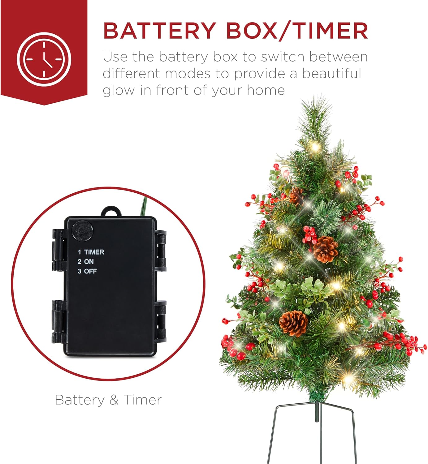 Best Choice Products Set of 2 24.5in Outdoor Pathway Christmas Trees, Battery Operated Pre-Lit Holiday Décor w/LED Lights, Red Berries, Pine Cones