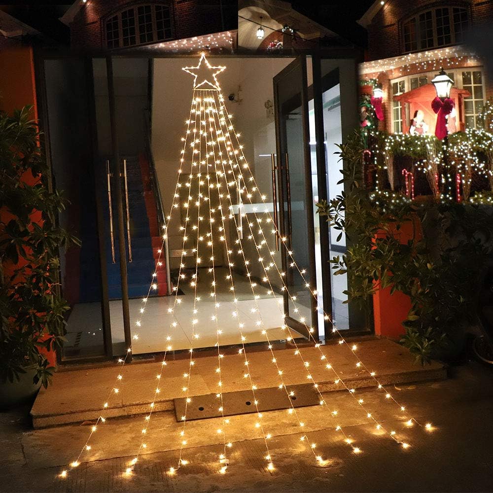 PUHONG Christmas Lights, Decorations Star Lights, 320 LED Christmas Tree Lights Outdoor, 16.4Ft String Lights, 8 Light Modes with 12 Lighted Star for Xmas New Year (Iron-Multicolor)