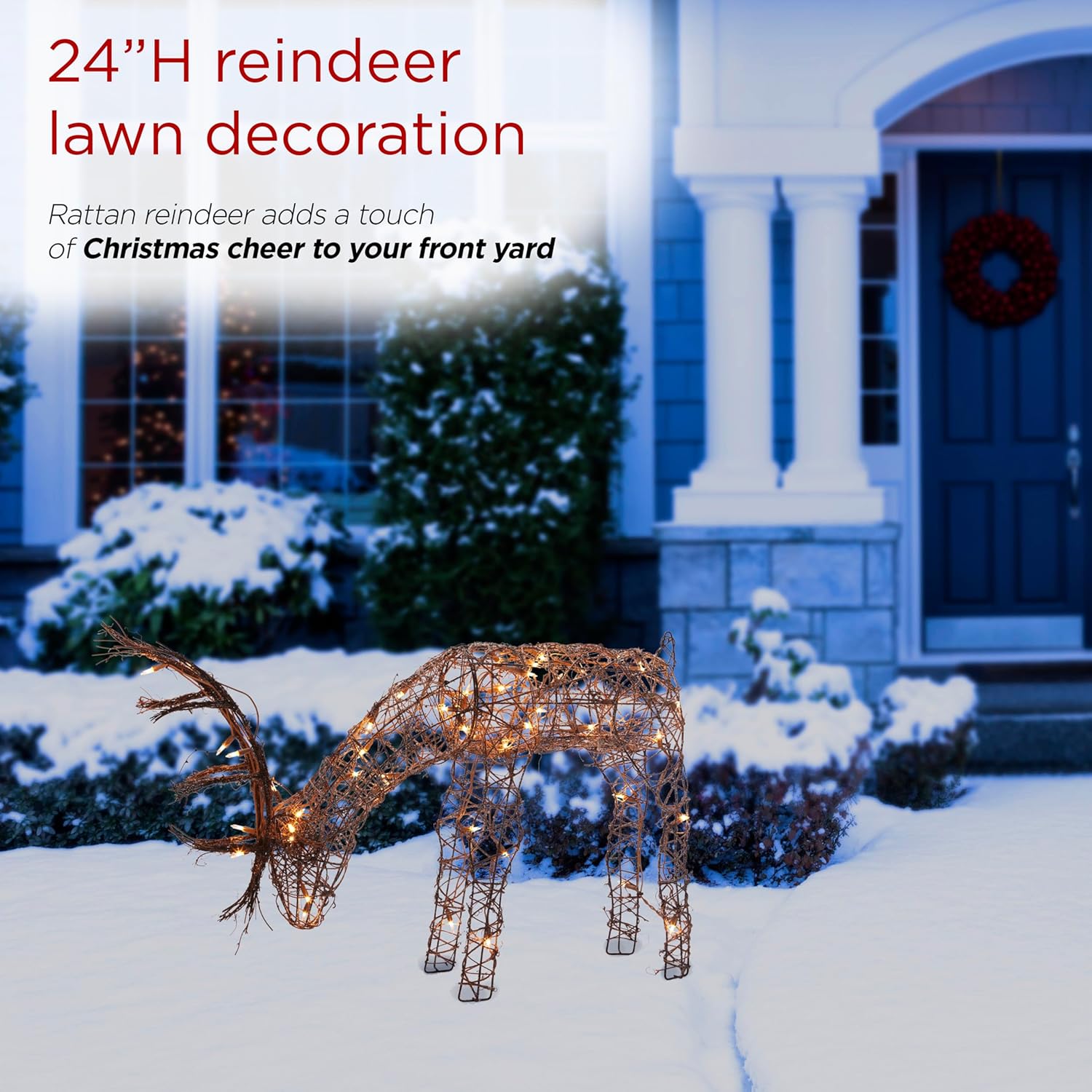Alpine Corporation 24 Tall Outdoor Rattan Grazing Reindeer Lawn Decoration with White LED Lights, Christmas Yard Decor, Holiday Garden Display
