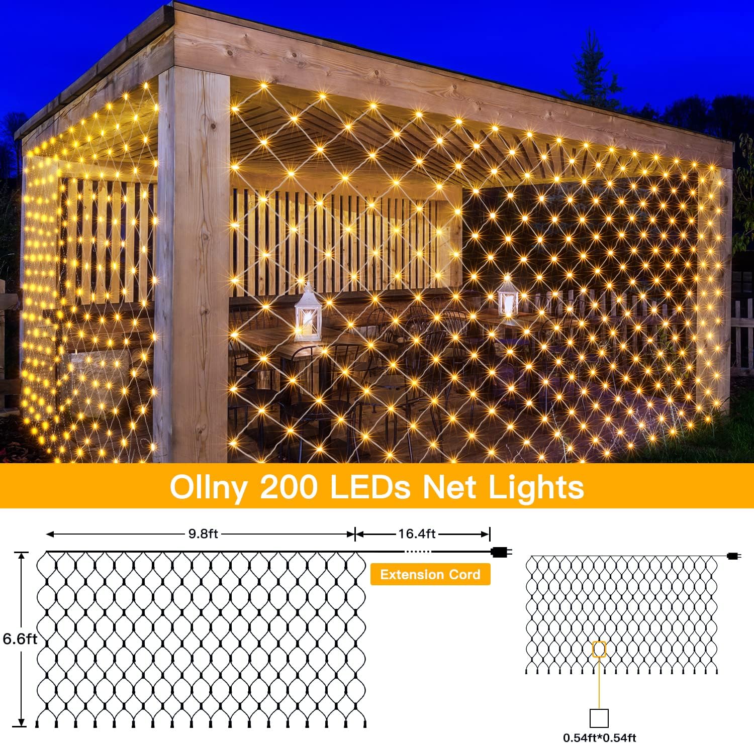 Ollny Net Lights Outdoor Mesh Light 10x7ft, 210LED Clear Wire Connectable Christmas Net Lights with 8 Modes, IP67 Waterproof Bush Light for Tree Wall Ceiling Outside Decorations, Warm White