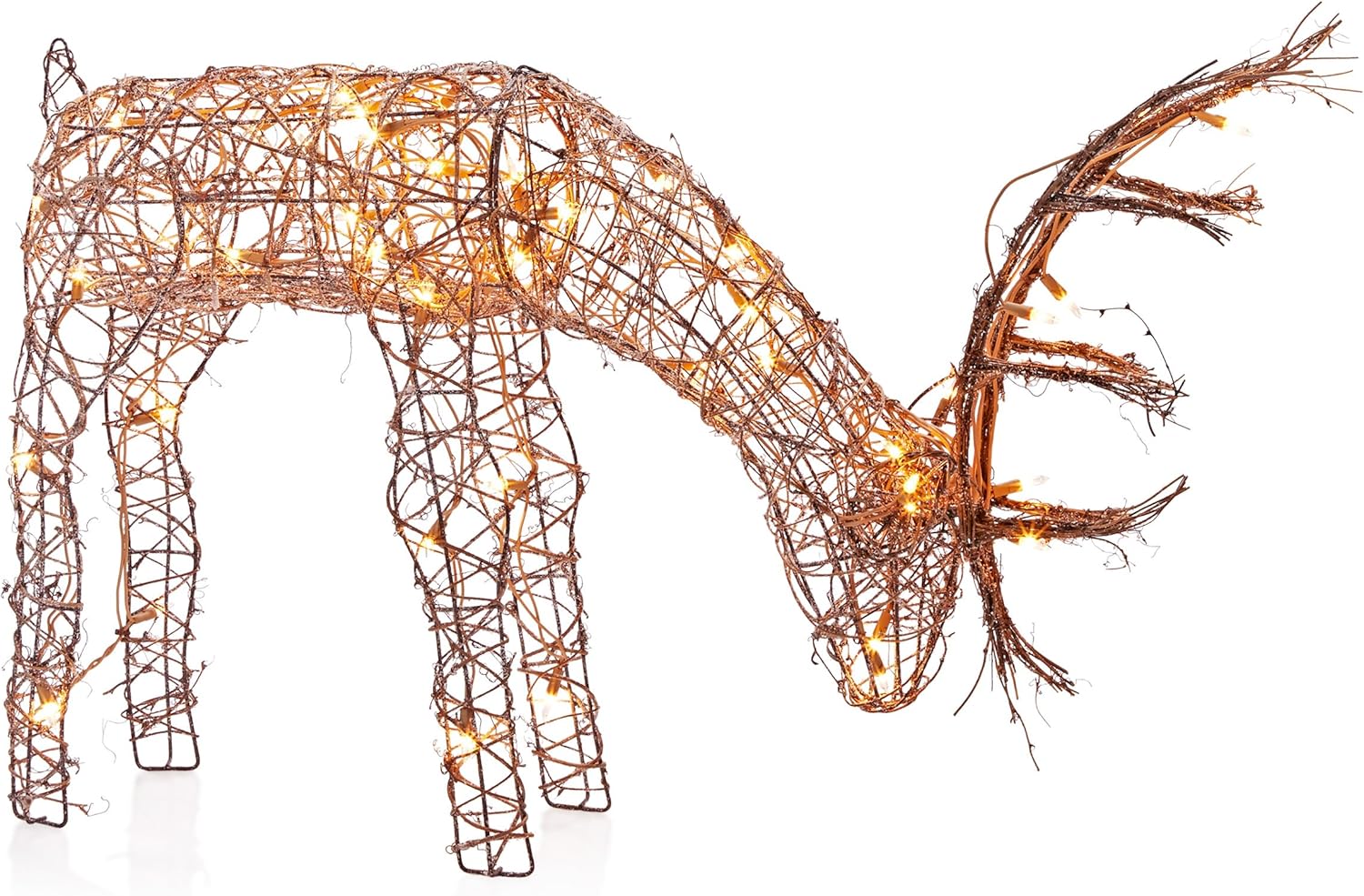 Alpine Corporation 24 Tall Outdoor Rattan Grazing Reindeer Lawn Decoration with White LED Lights, Christmas Yard Decor, Holiday Garden Display