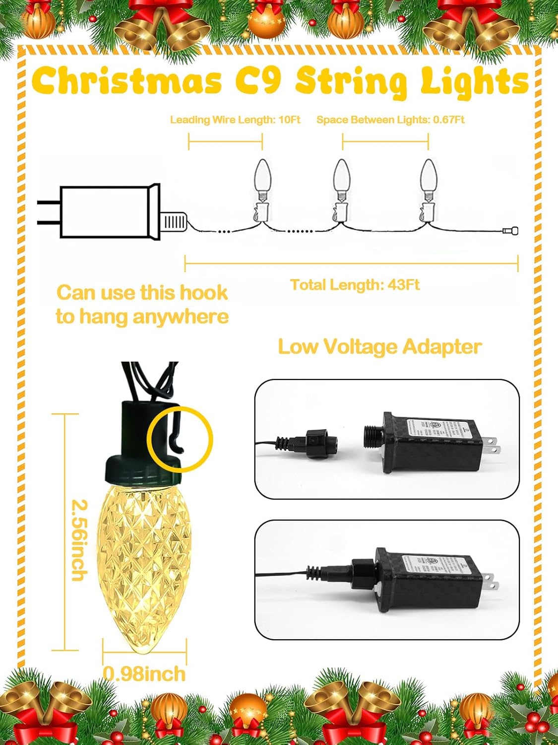 2-Pack Extentable C9 Christmas Lights Outdoor Indoor, 66 FT 100 LED Christmas String Lights Plug in with 8 Modes & Timer, Waterproof Fairy Twinkle Light for Xmas Tree Yard Decorations (Multi-Colored)