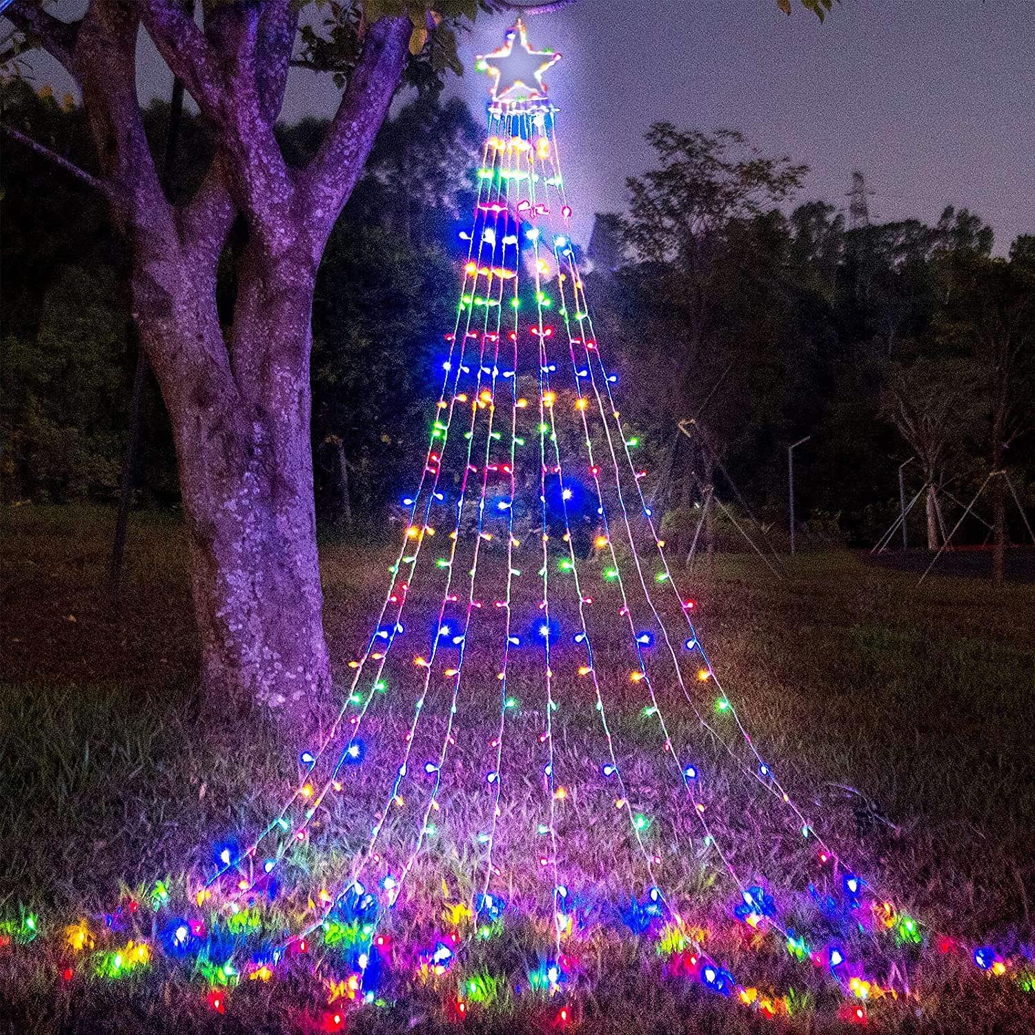 PUHONG Christmas Lights, Decorations Star Lights, 320 LED Christmas Tree Lights Outdoor, 16.4Ft String Lights, 8 Light Modes with 12 Lighted Star for Xmas New Year (Iron-Multicolor)