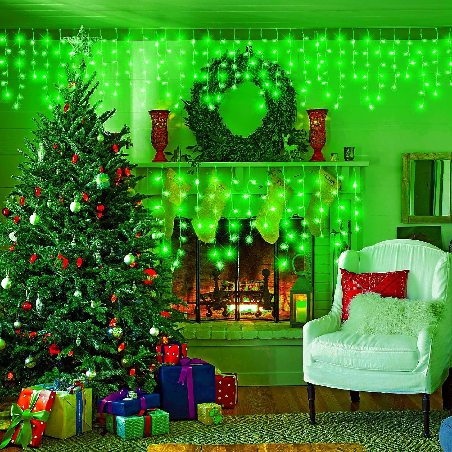 66ft Icicle Lights for Outside - 640 LED Christmas Lights Outdoor with 120 Drops 8 Modes, Plug in Twinkle Light Outside for Holiday Wedding Party Tree Room Indoor Thanksgiving Decoration, Warm White