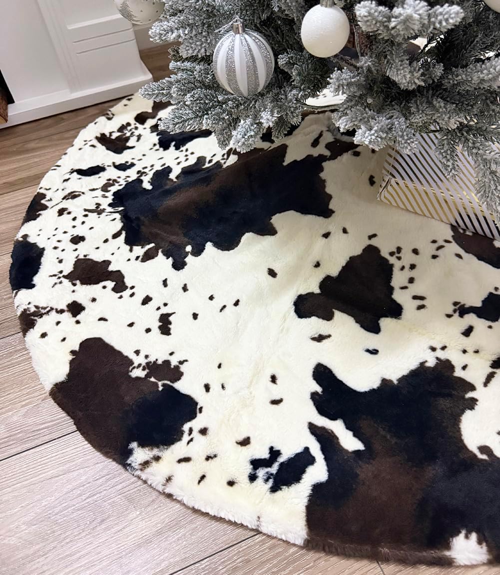 60 Inch Cow Faux Fur Christmas Tree Skirt Holiday Decor for Xmas Tree, Festive Party, Home Decorations
