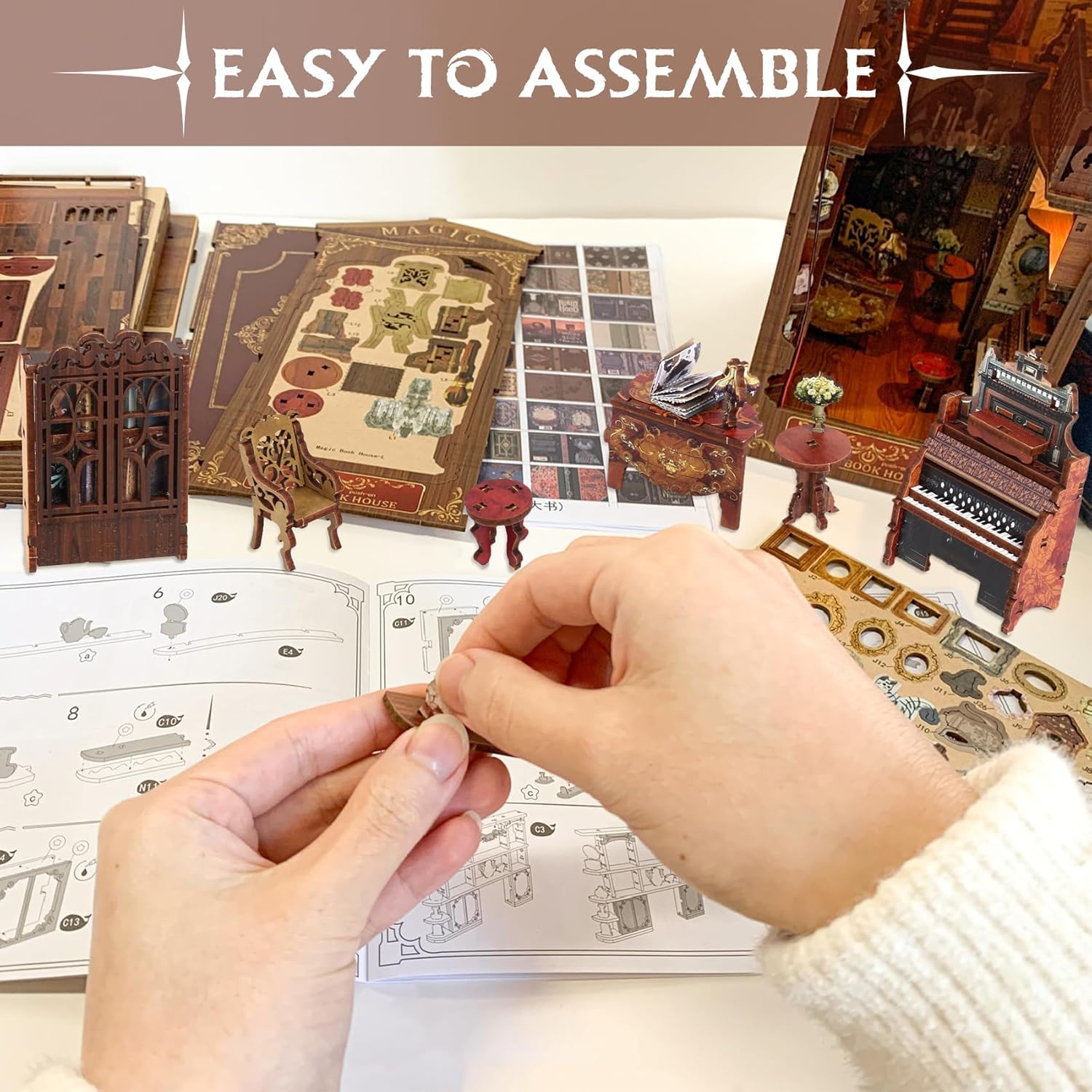 CRIOLPO Book Nook Kit - DIY Doll House Booknook, Book Nook Miniature Kit for Bookshelf Doll Houses for Adults Teen Halloween, 3D Wooden Puzzle Bookends with Sensor Led Light