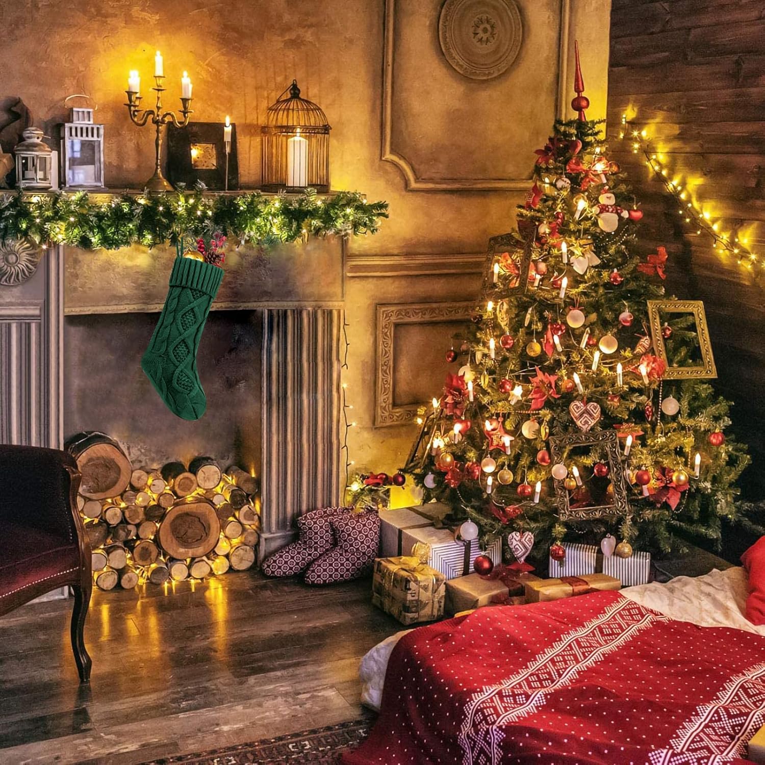 Fesciory 4 Pack Christmas Stockings 18 Inches Large Size Cable Knitted Stocking Gifts & Decorations for Family Holiday Xmas Party, Ivory White