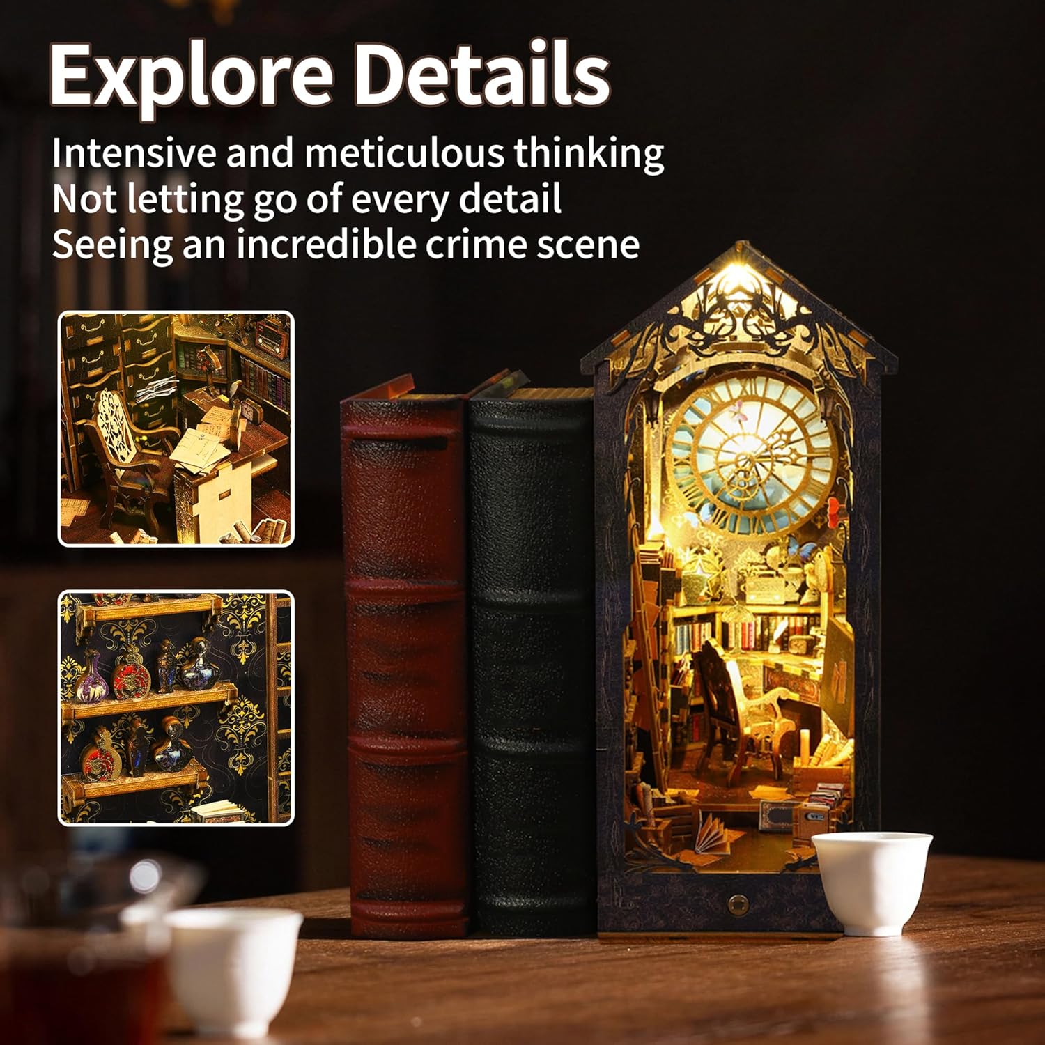 CRIOLPO Book Nook Kit - DIY Doll House Booknook, Book Nook Miniature Kit for Bookshelf Doll Houses for Adults Teen Halloween, 3D Wooden Puzzle Bookends with Sensor Led Light