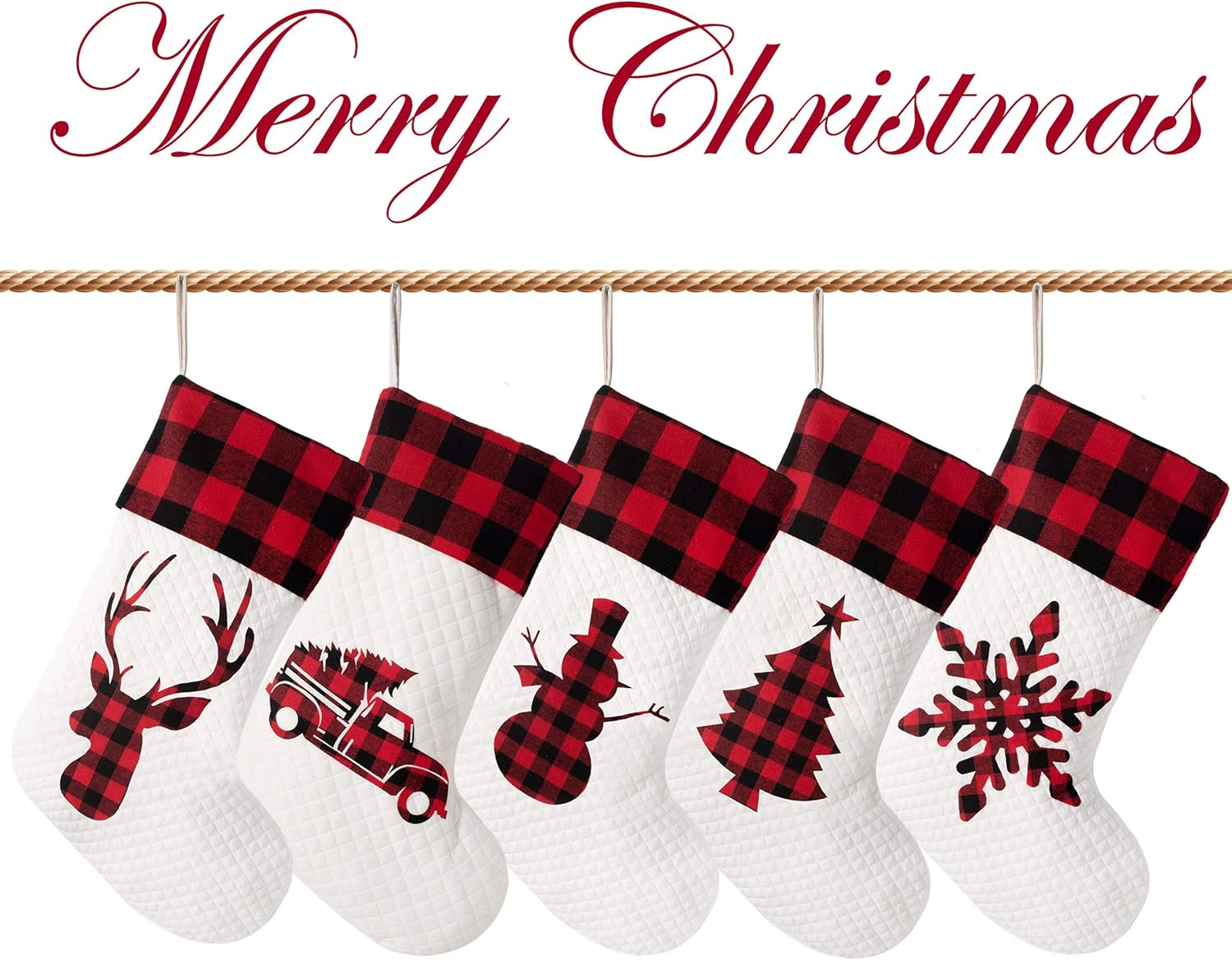 LUBOT Set of 8 Christmas Stocking(20inch) Silhouette Buffalo Red Plaid/Rustic/Farmhouse/Country Cotton Fireplace Hanging Xmas Stockings Decorations for Family Holiday Season Decor