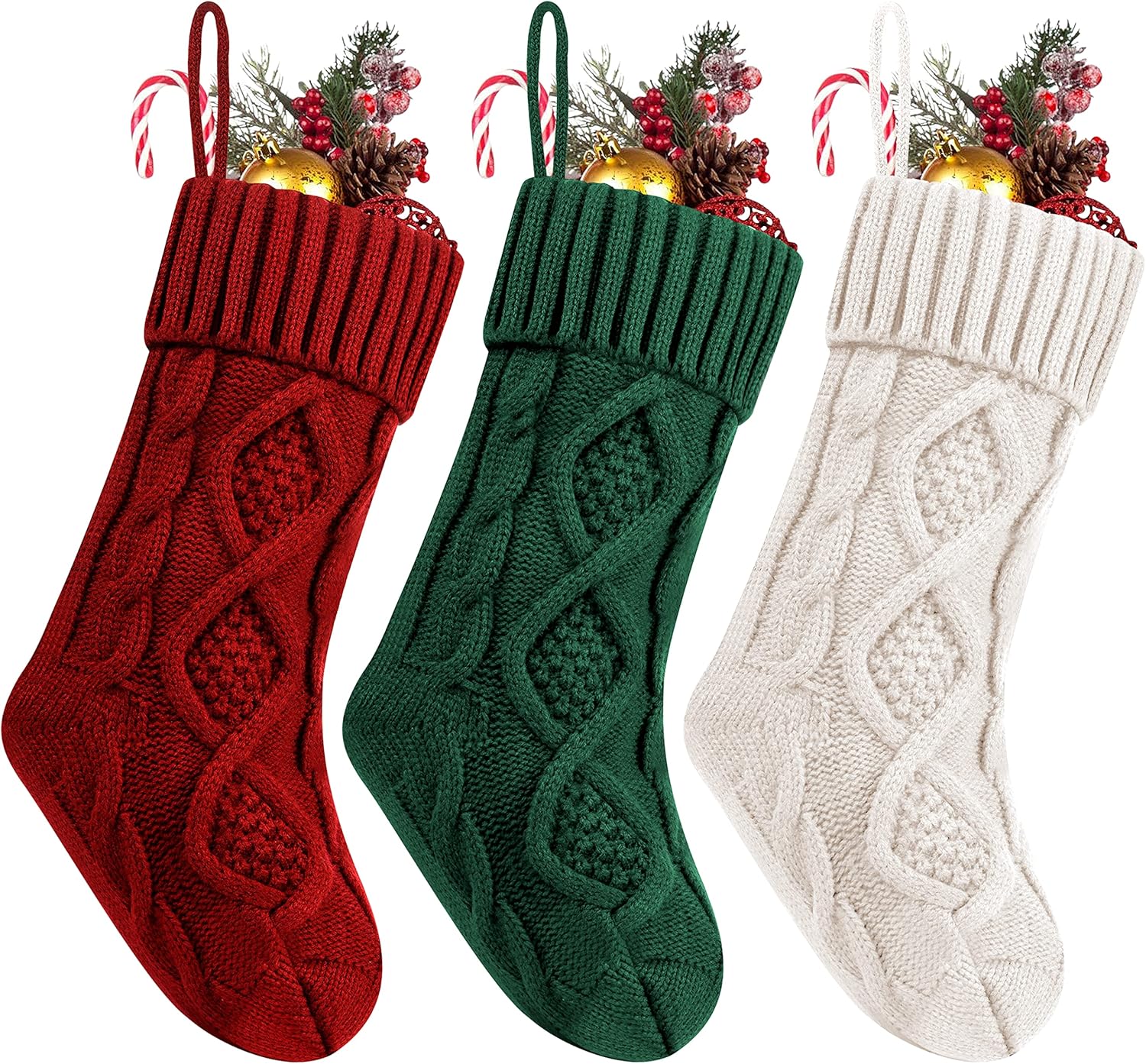 Fesciory 4 Pack Christmas Stockings 18 Inches Large Size Cable Knitted Stocking Gifts & Decorations for Family Holiday Xmas Party, Ivory White